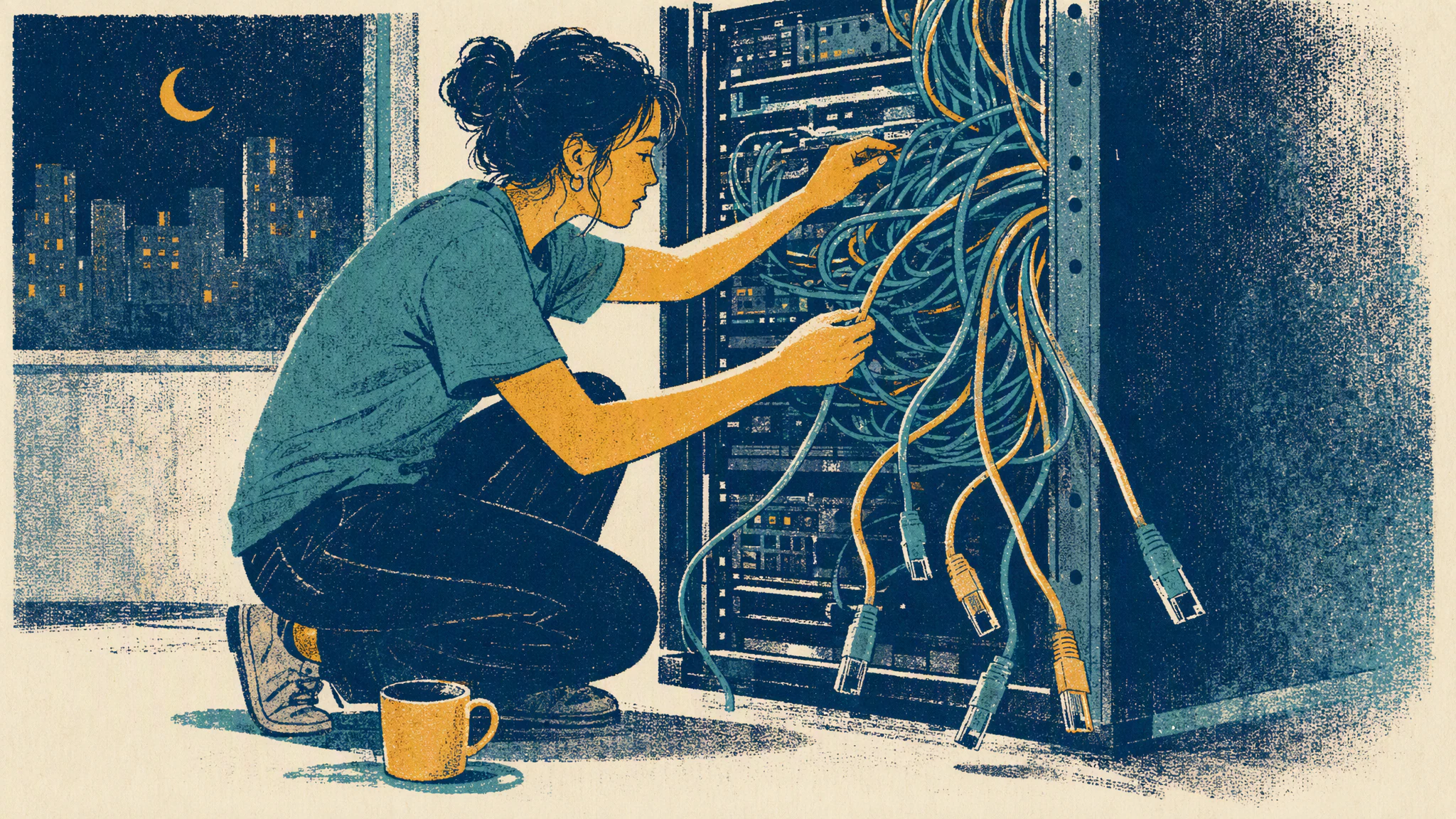An operations engineer sits alone at a desk late at night with a mug beside her, tracing cables at the back of a server rack.