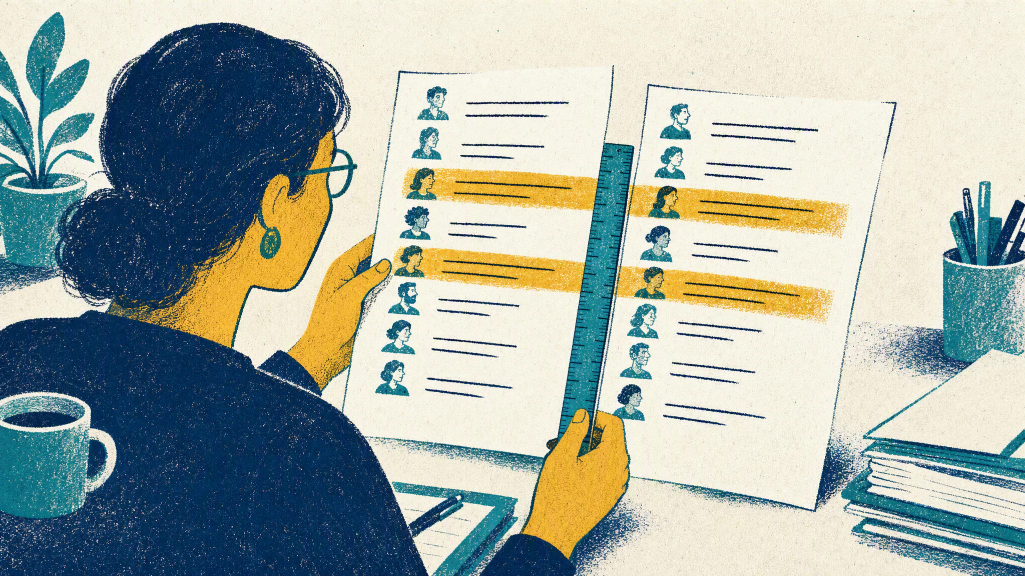 A person at a desk reviewing a printed spreadsheet of employee access permissions next to an open laptop.