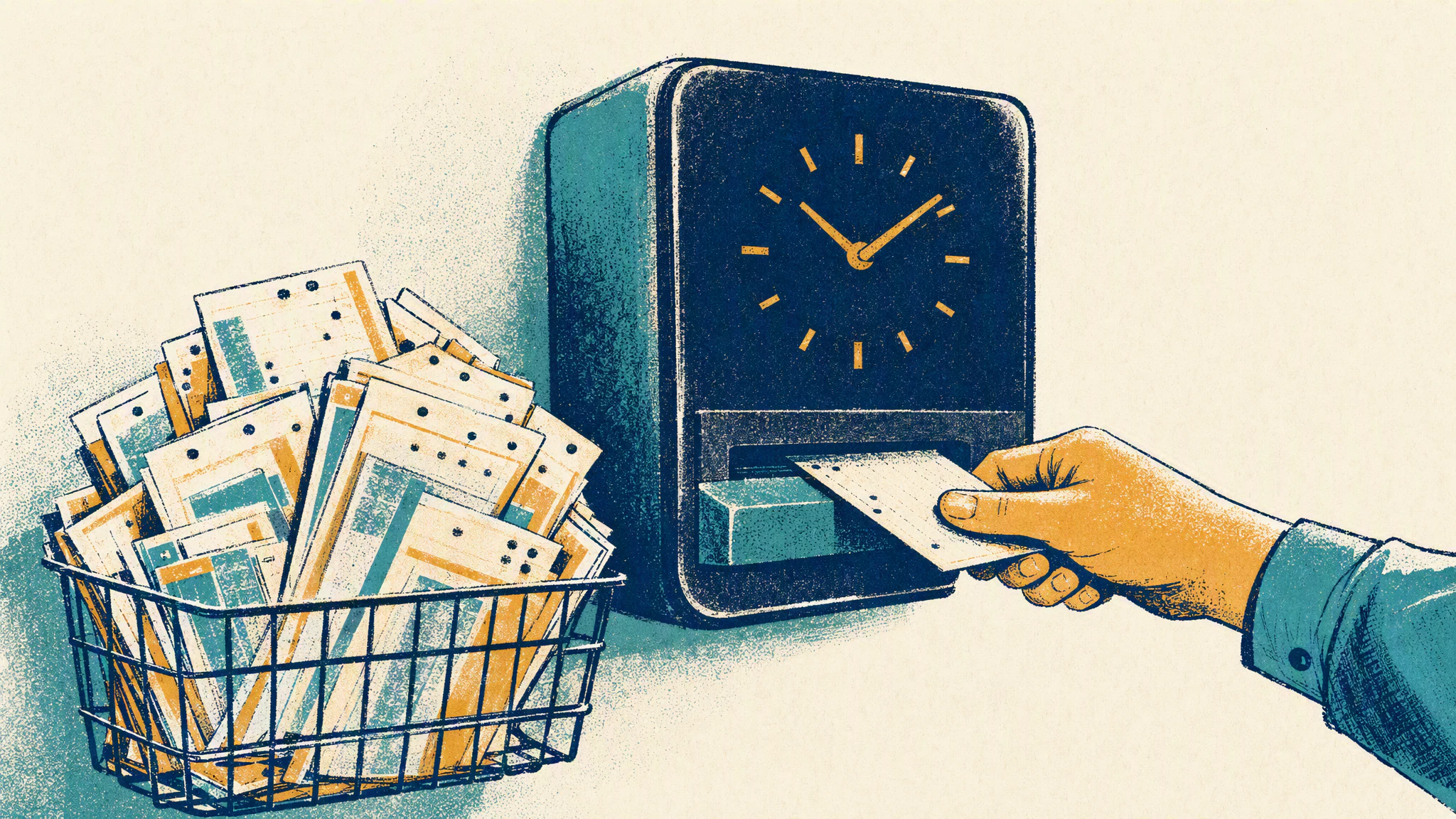A hand holds a time card halfway into a wall-mounted punch clock beside a basket overflowing with older cards.