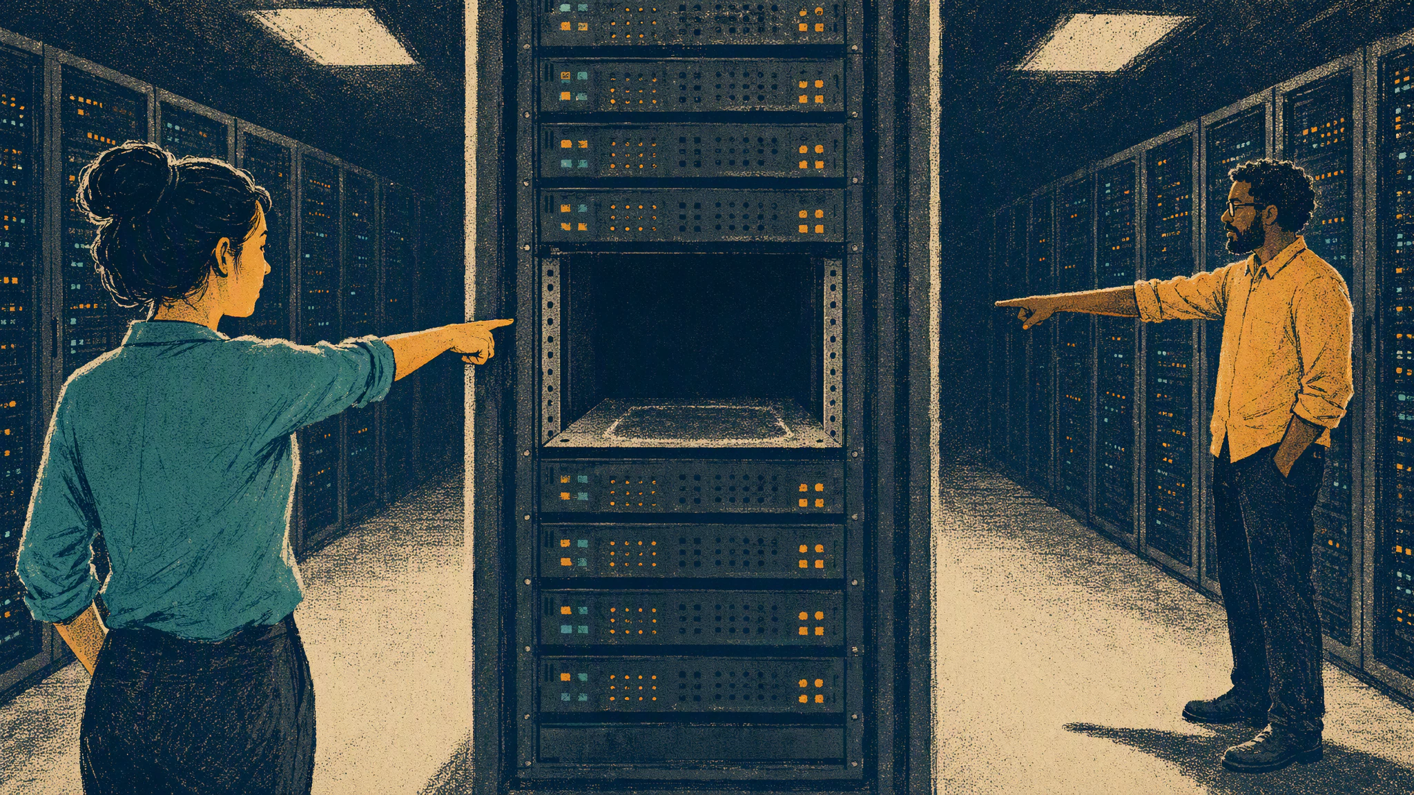 A dim server room aisle with one empty rack slot between rows of blinking equipment.