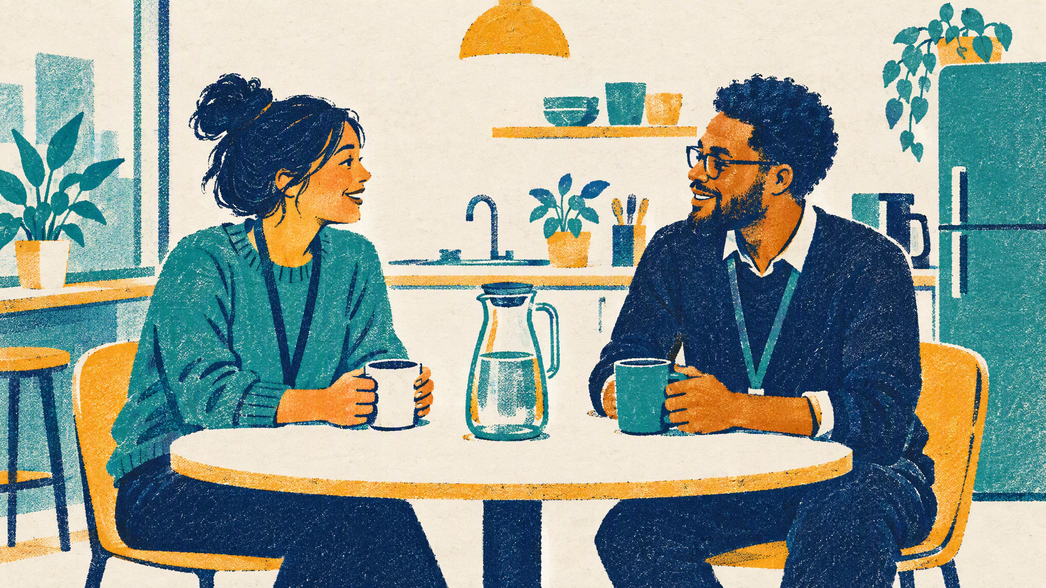 Two colleagues sitting across a small table in an office kitchen with mugs and a jug of water between them.
