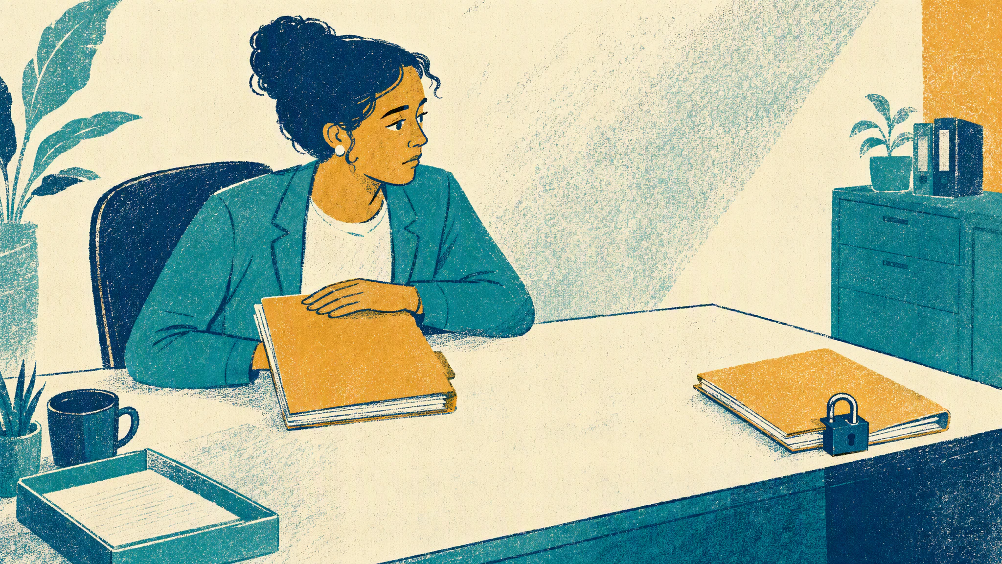 A loan officer reviews documents at a desk while a computer screen glows with an open case file in the background.