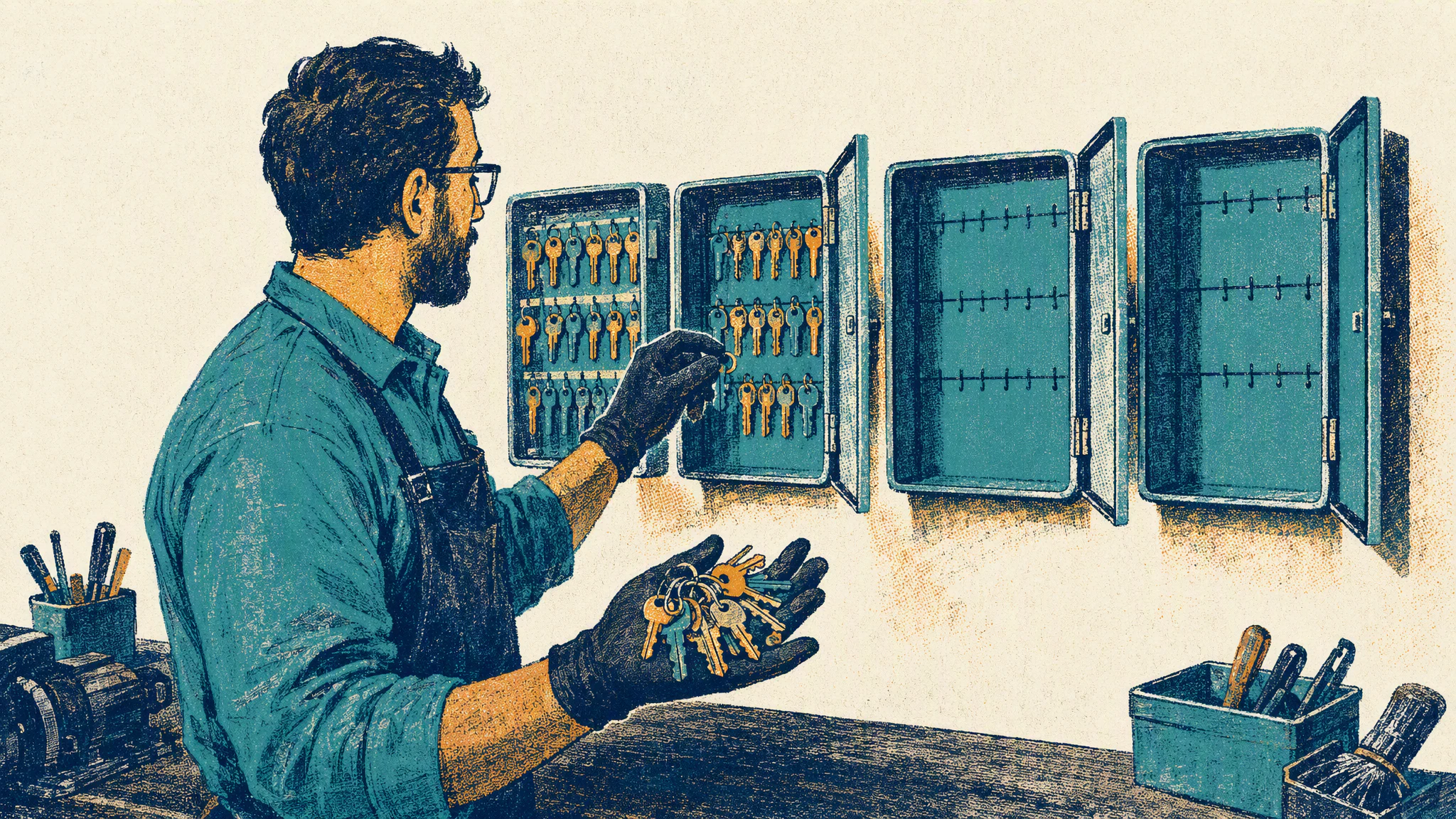 A locksmith removes keys from four separate key cabinets mounted along a workshop wall.