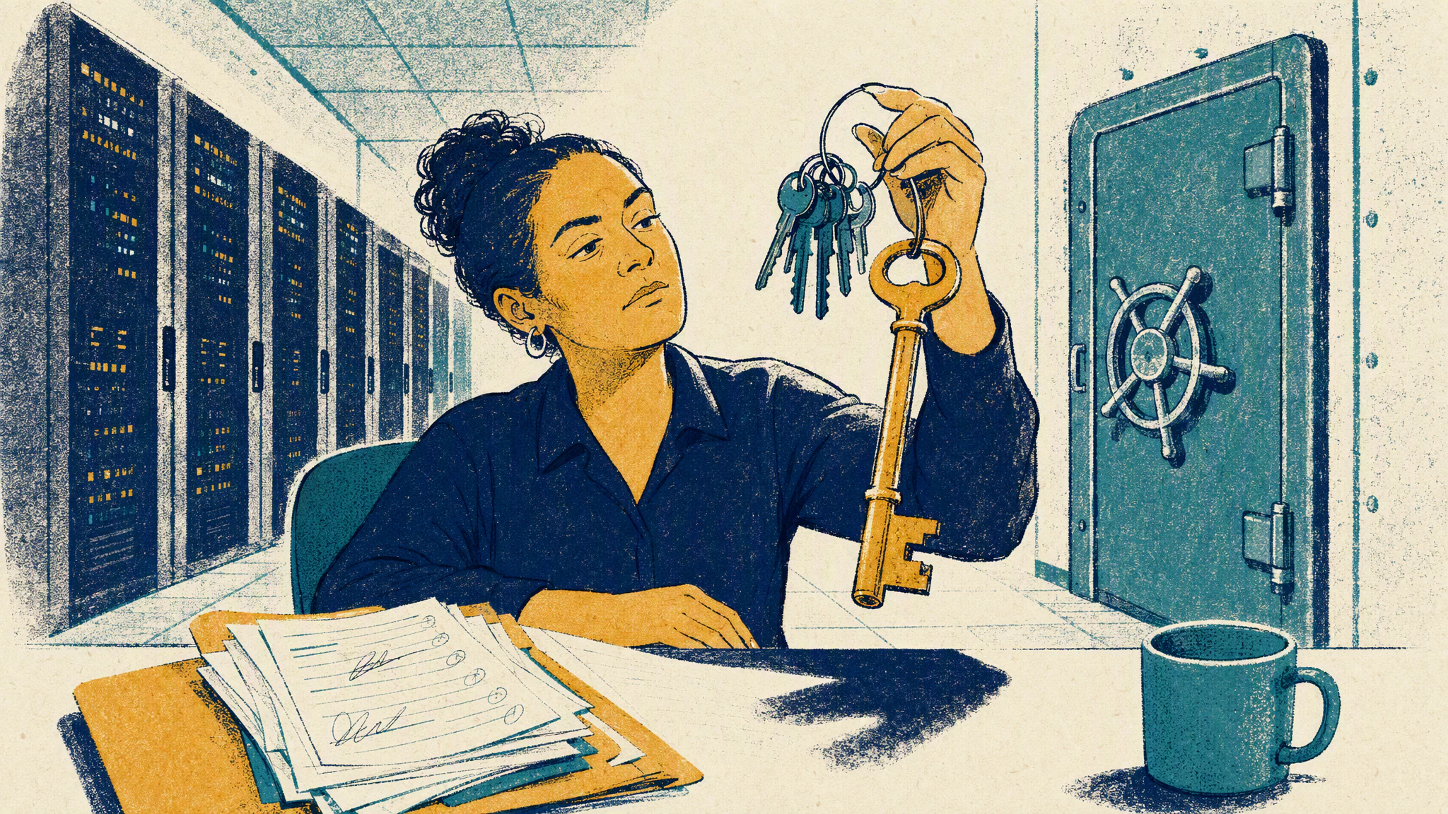 An administrator at a desk holds up one ring of keys beside an open folder of old access request forms and a closed steel door.