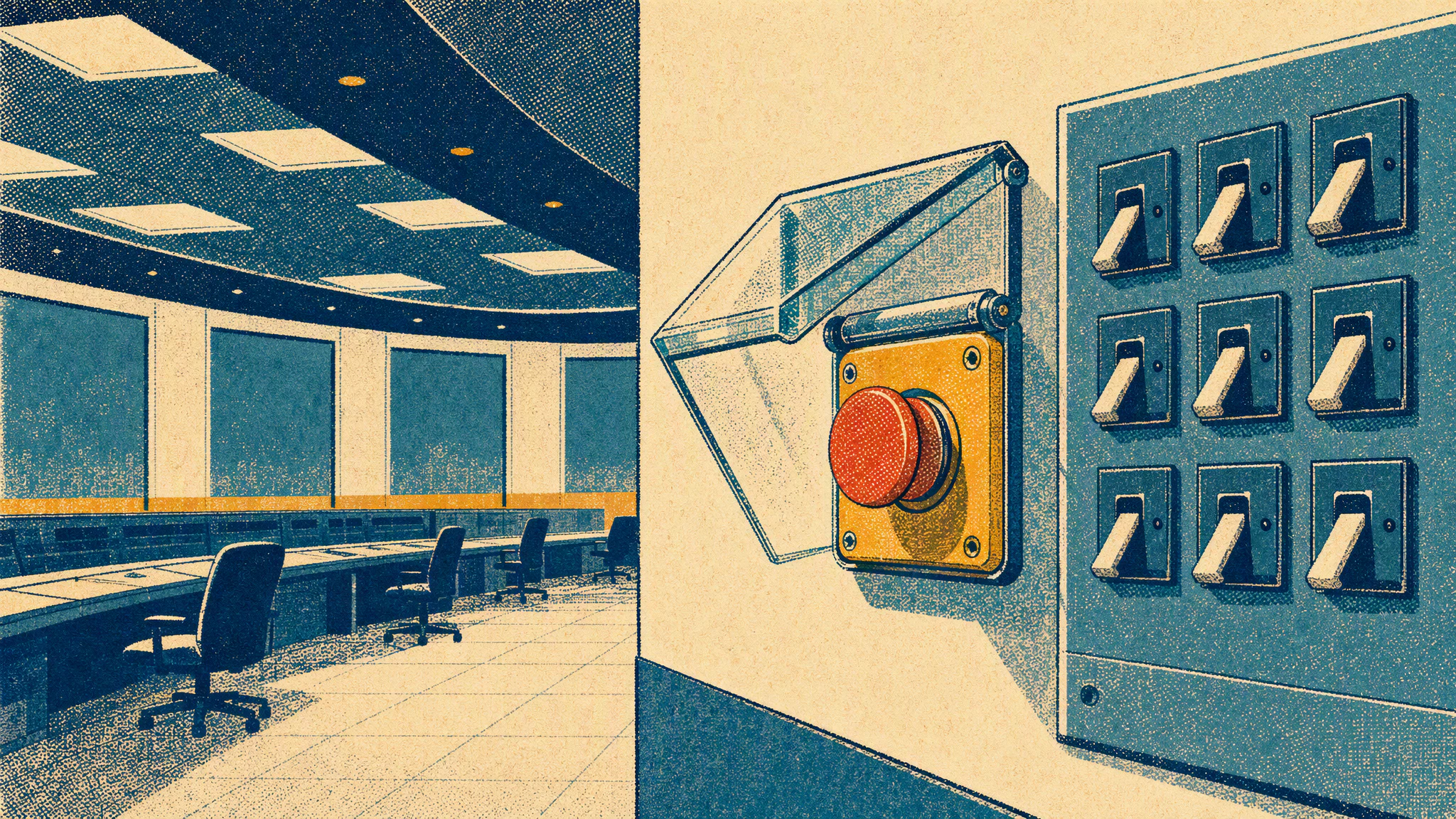 A red emergency stop button under a glass cover mounted beside a bank of unlit alarm switches in an empty security control room.