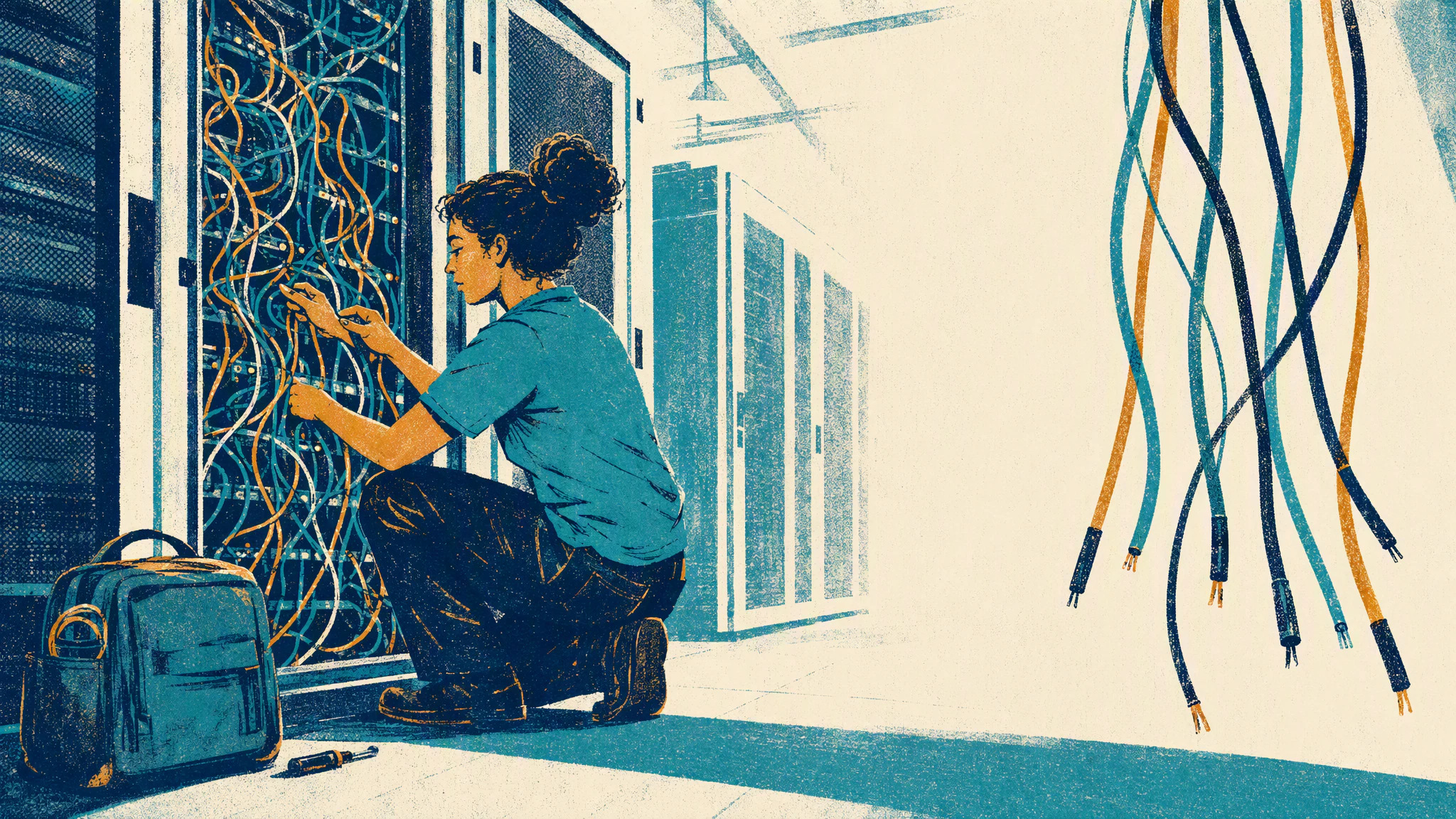 A technician kneels beside an open server rack in a data hall, tracing a bundle of cables by hand.