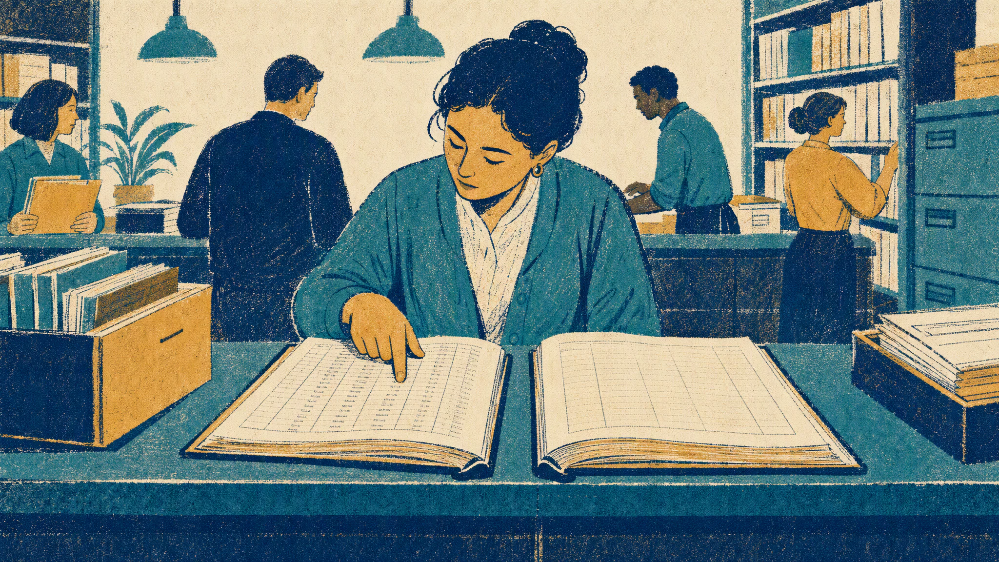 A woman holds two paper personnel folders open side by side on a wide wooden desk in a quiet office at dusk.