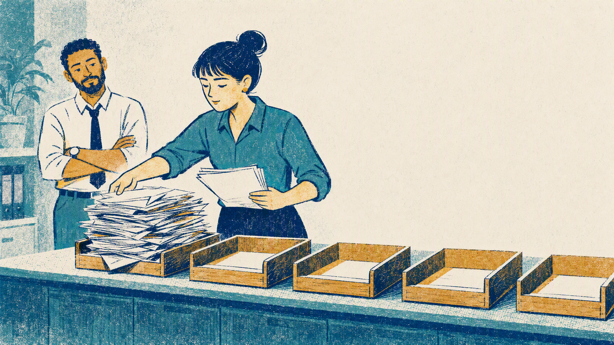 A payroll officer sorts stacks of paper timesheets into wooden trays on a long counter while a colleague waits.