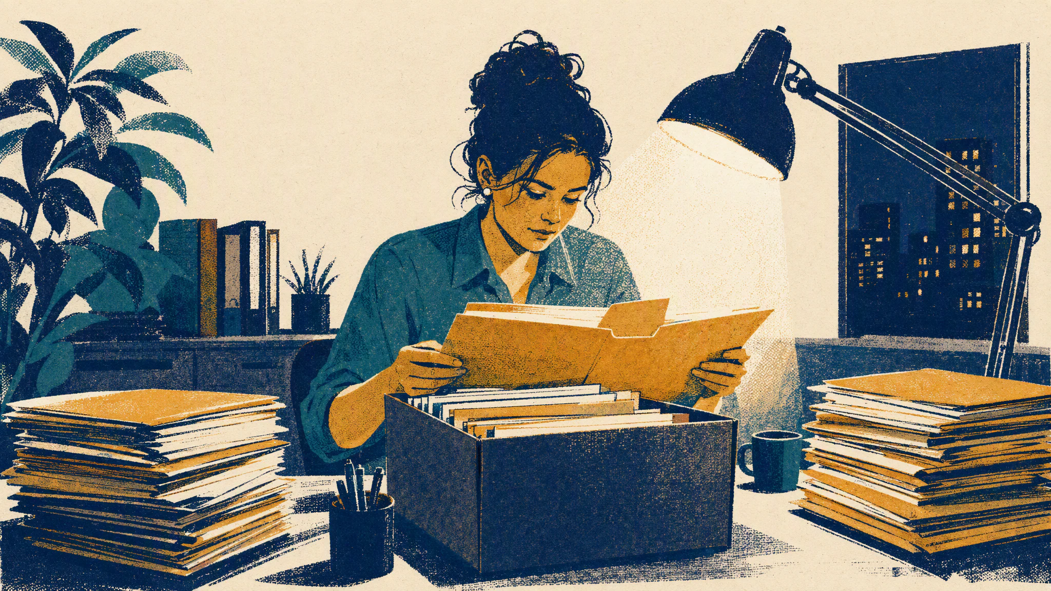 A woman at an office desk at night sorting stacks of paper personnel folders into two separate piles beside a lamp.