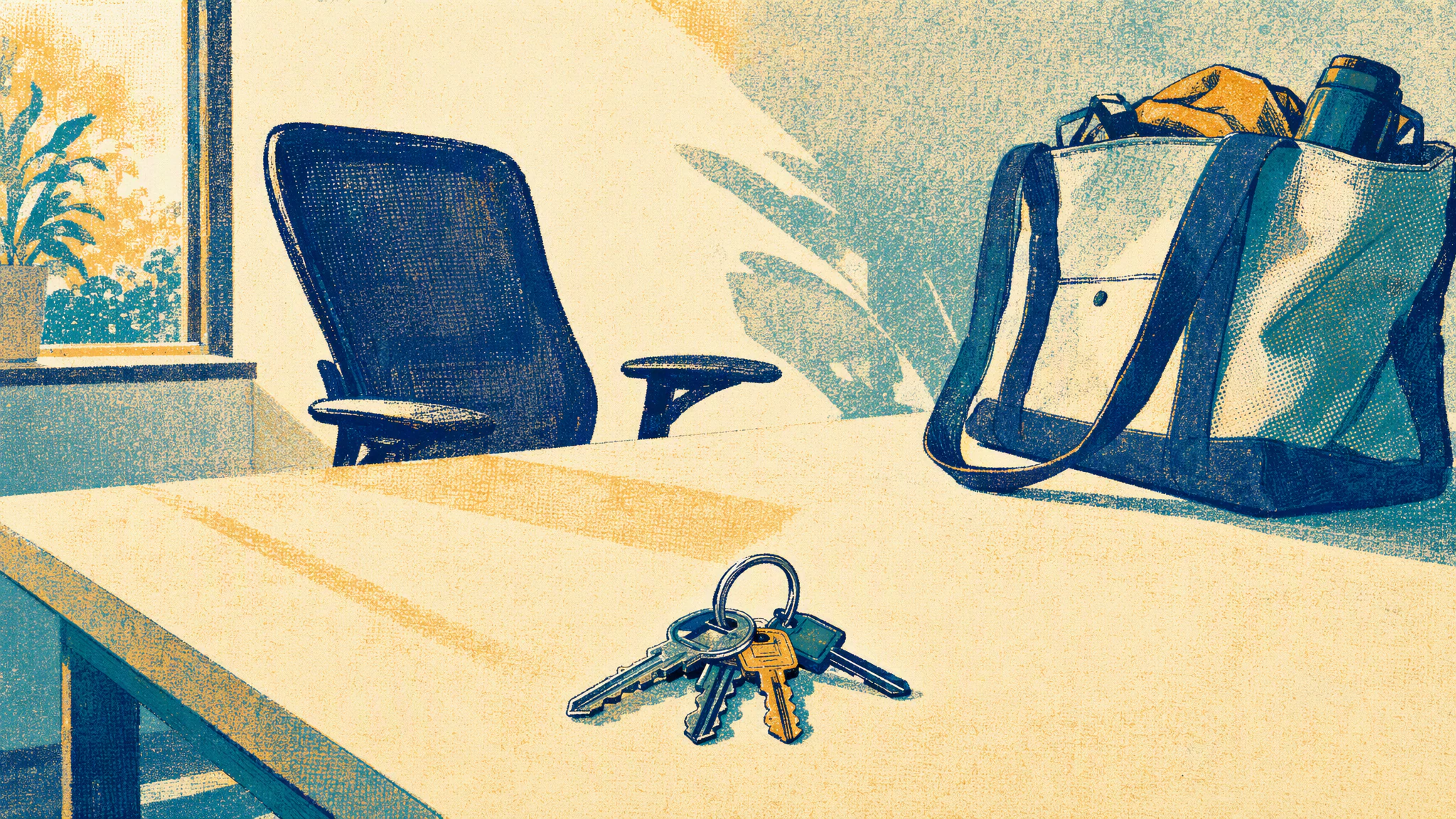 An empty office chair pushed back from a tidy desk holding a ring of keys and a packed canvas bag.