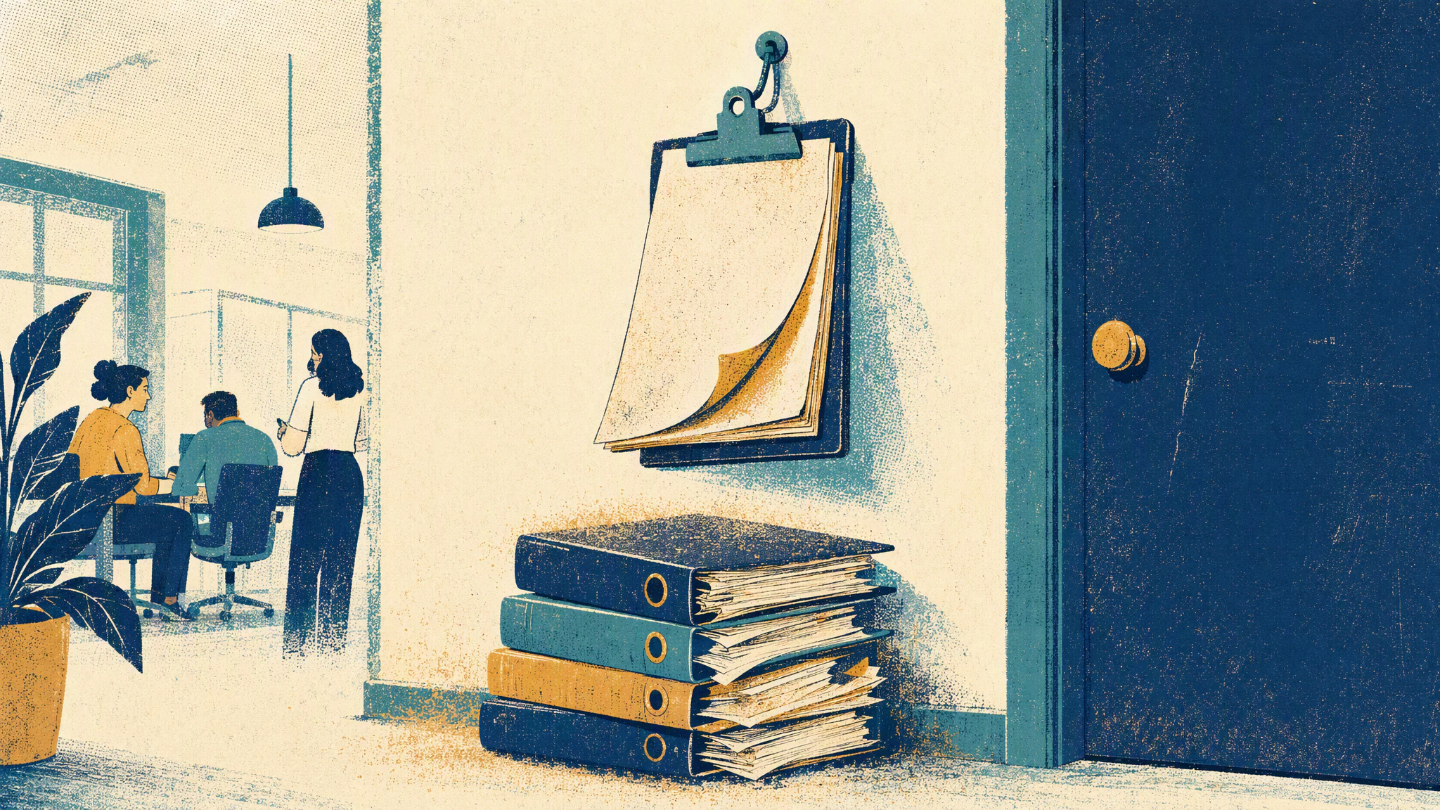 A clipboard hanging on a hook beside a closed office door, with a stack of dusty binders on the floor underneath it.