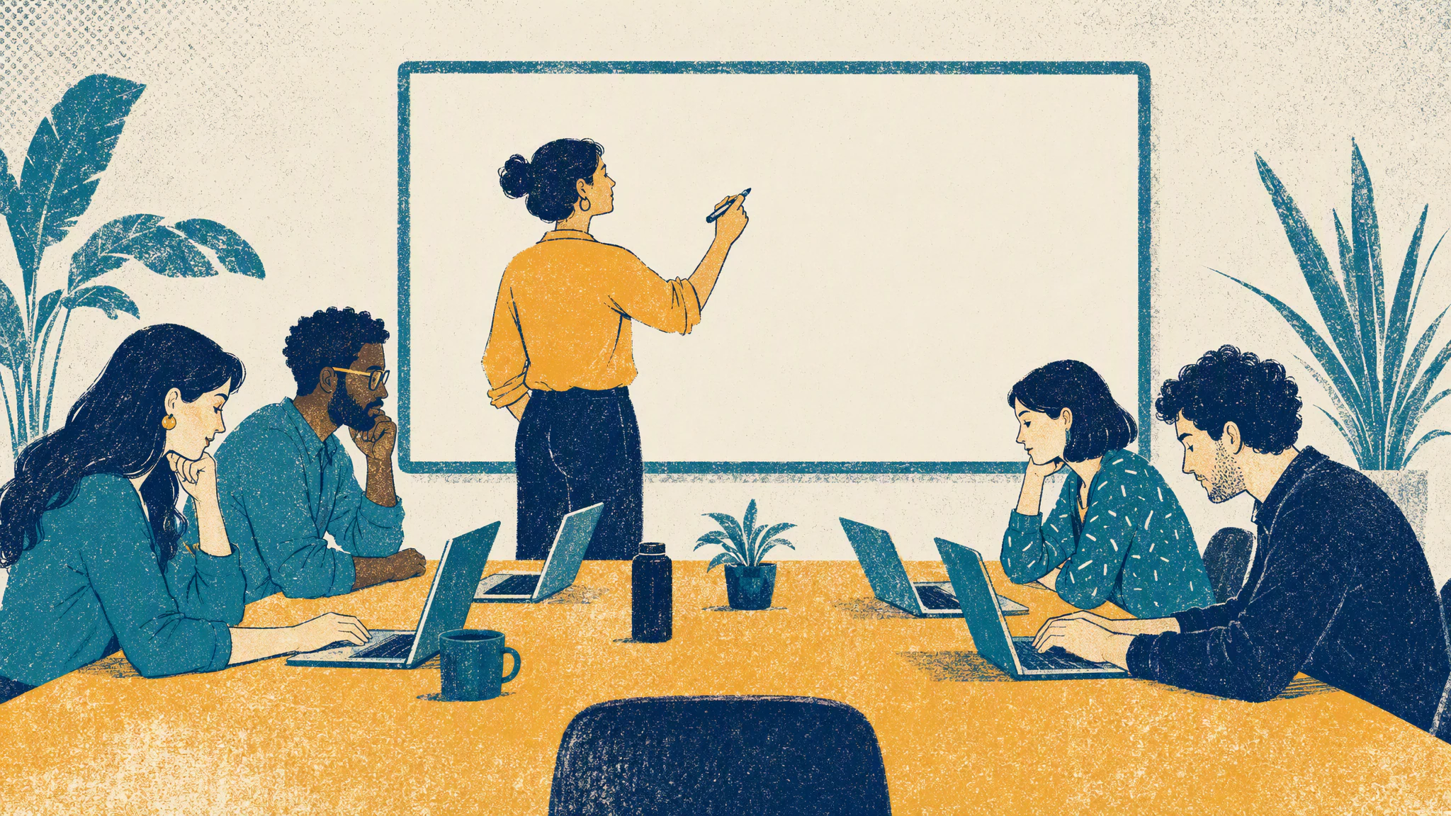 Five colleagues seated around a long conference table with open laptops and a blank whiteboard behind them.