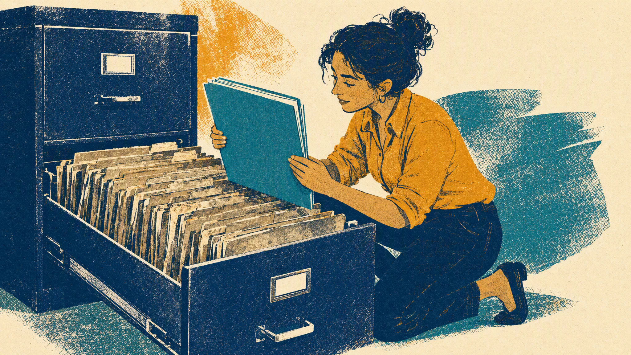 A woman kneels beside an open filing cabinet drawer, lifting a thick folder from a row of worn cardboard dividers.
