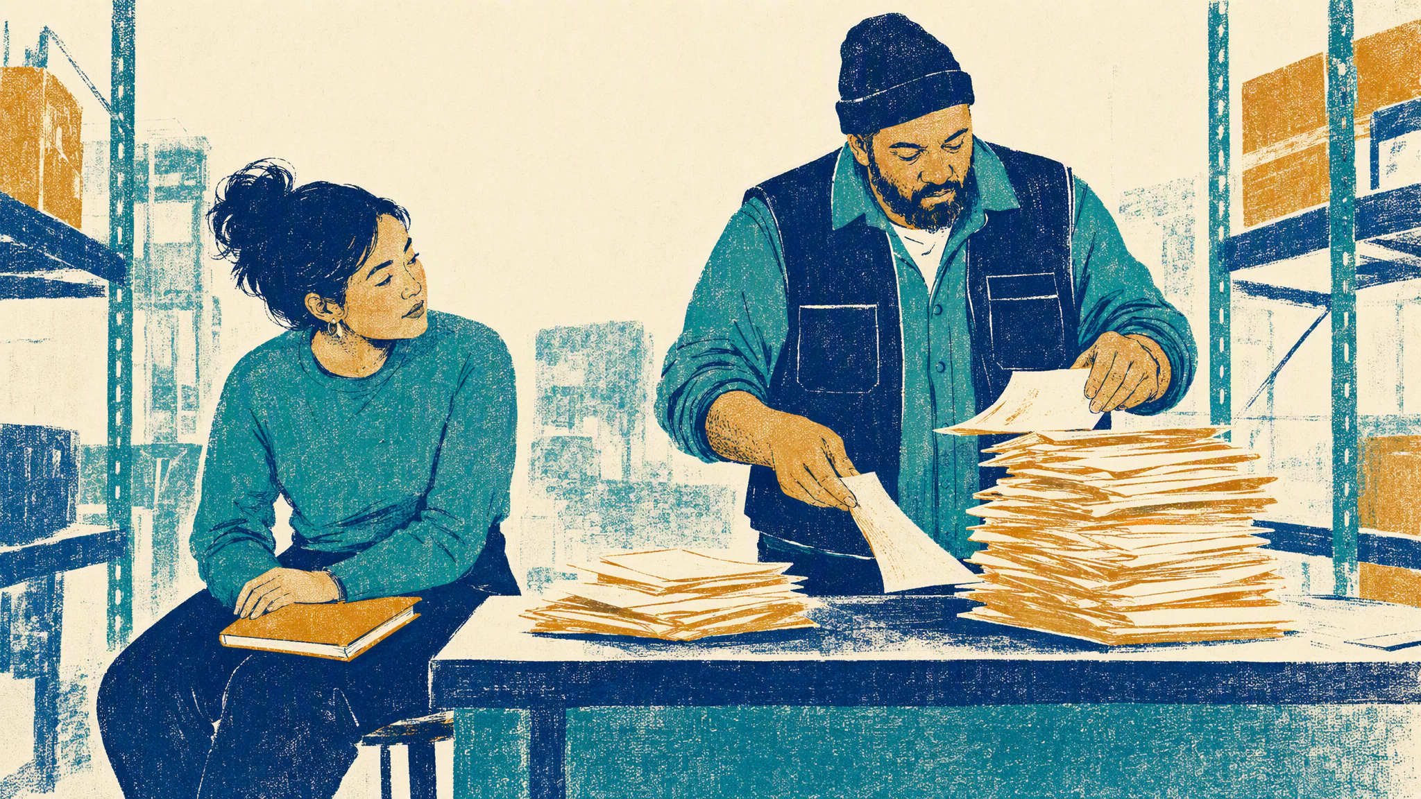 An analyst sits beside a warehouse supervisor at a receiving desk, watching him sort paper delivery notes into two uneven piles.