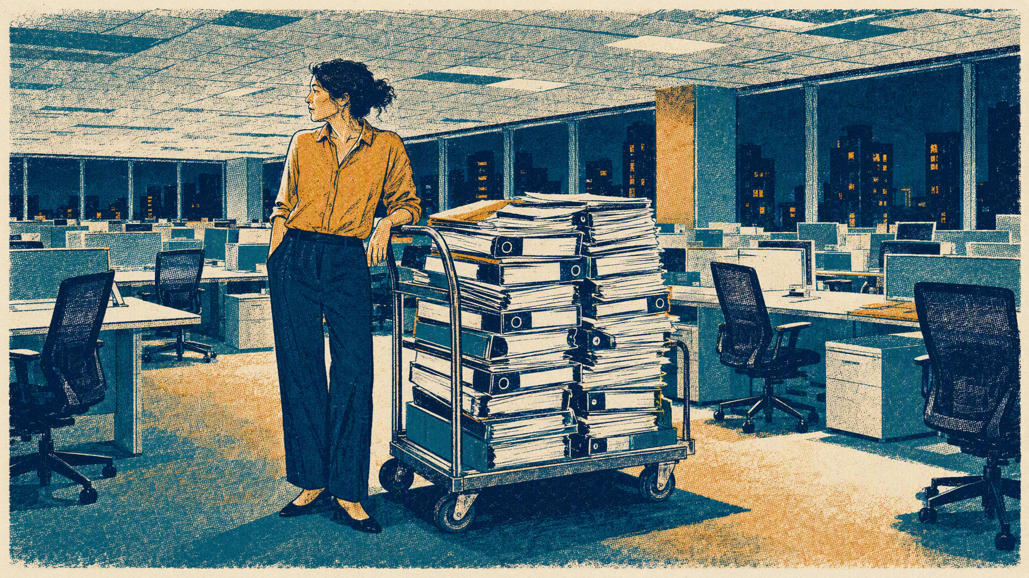 A woman in an empty open plan office at night stands beside a trolley stacked with printed ledger binders.