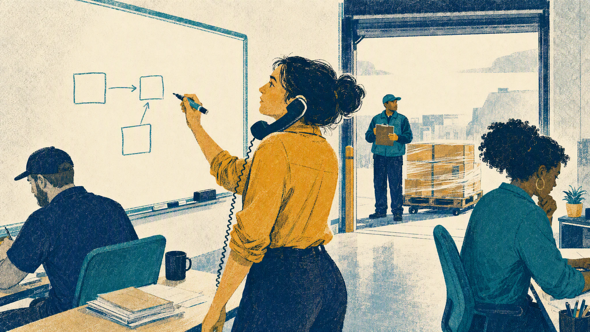 A woman with a phone to her ear writes on a whiteboard while two colleagues wait at desks and a pallet of boxes sits by a loading door.