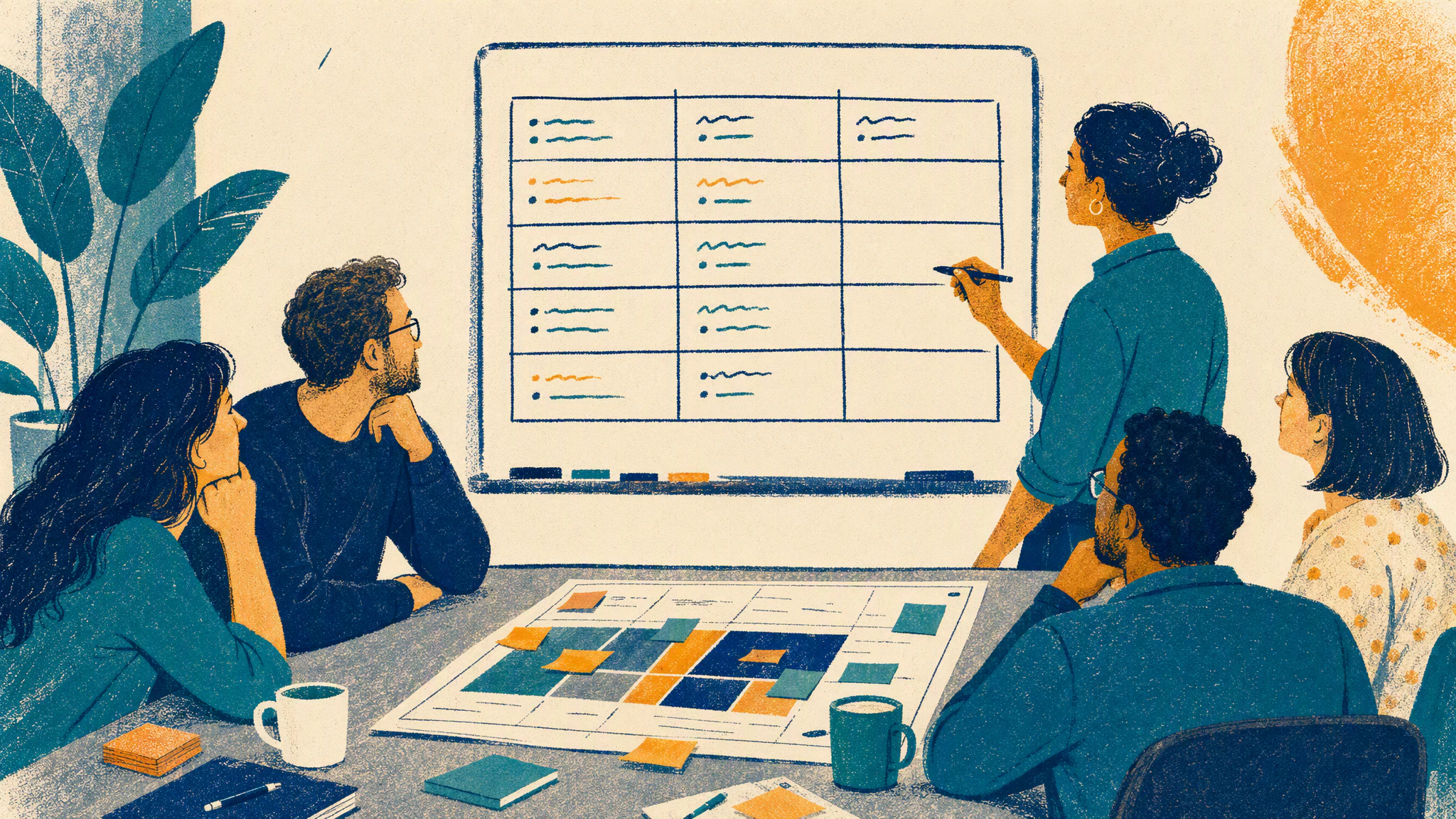 A planner at a whiteboard pauses with a pen over an empty cell in a three-column grid while a printed roadmap lies on the table.