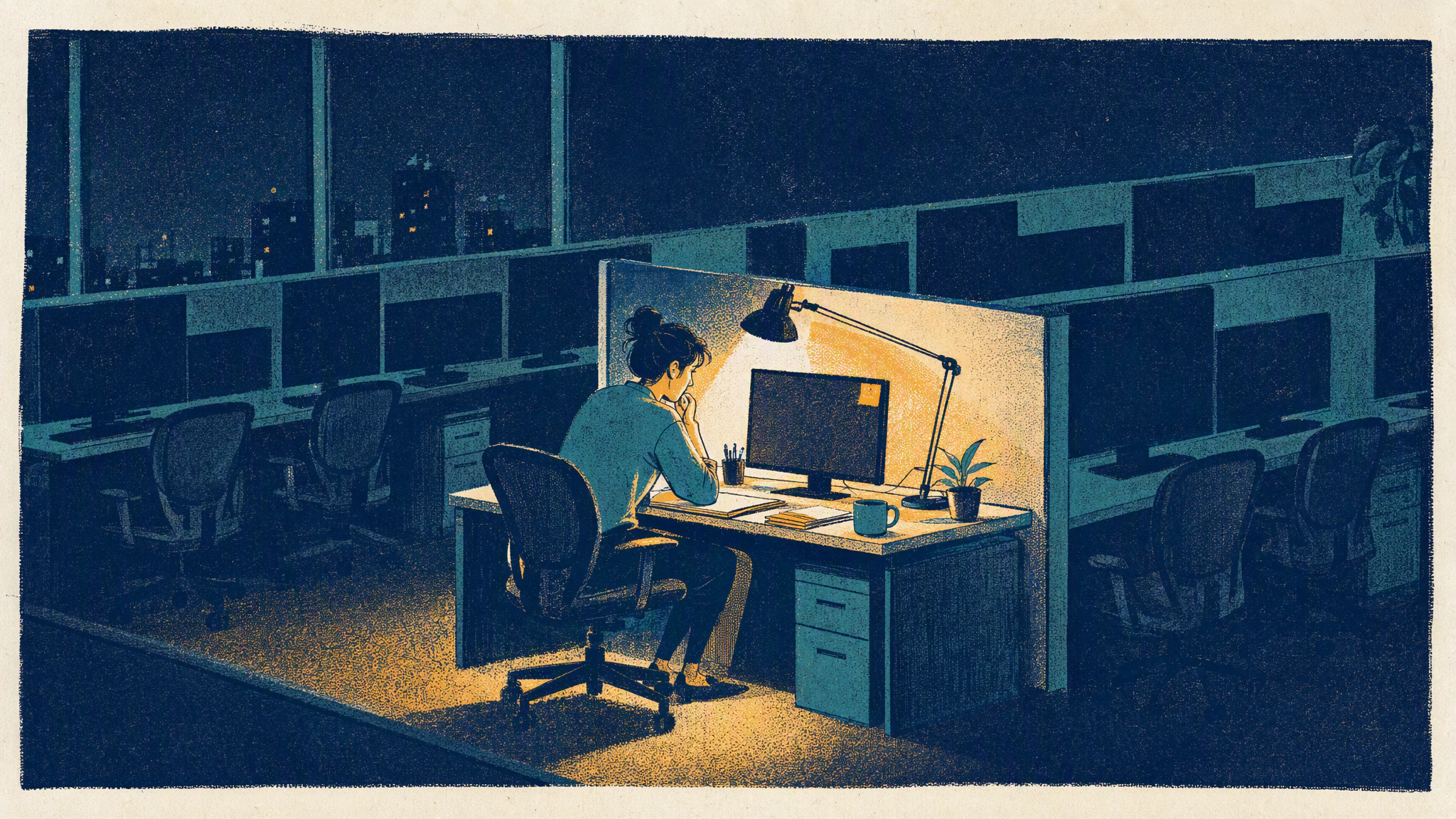 A lone employee works late at a desk in a mostly empty office row while the neighboring workstations sit dark and unattended.