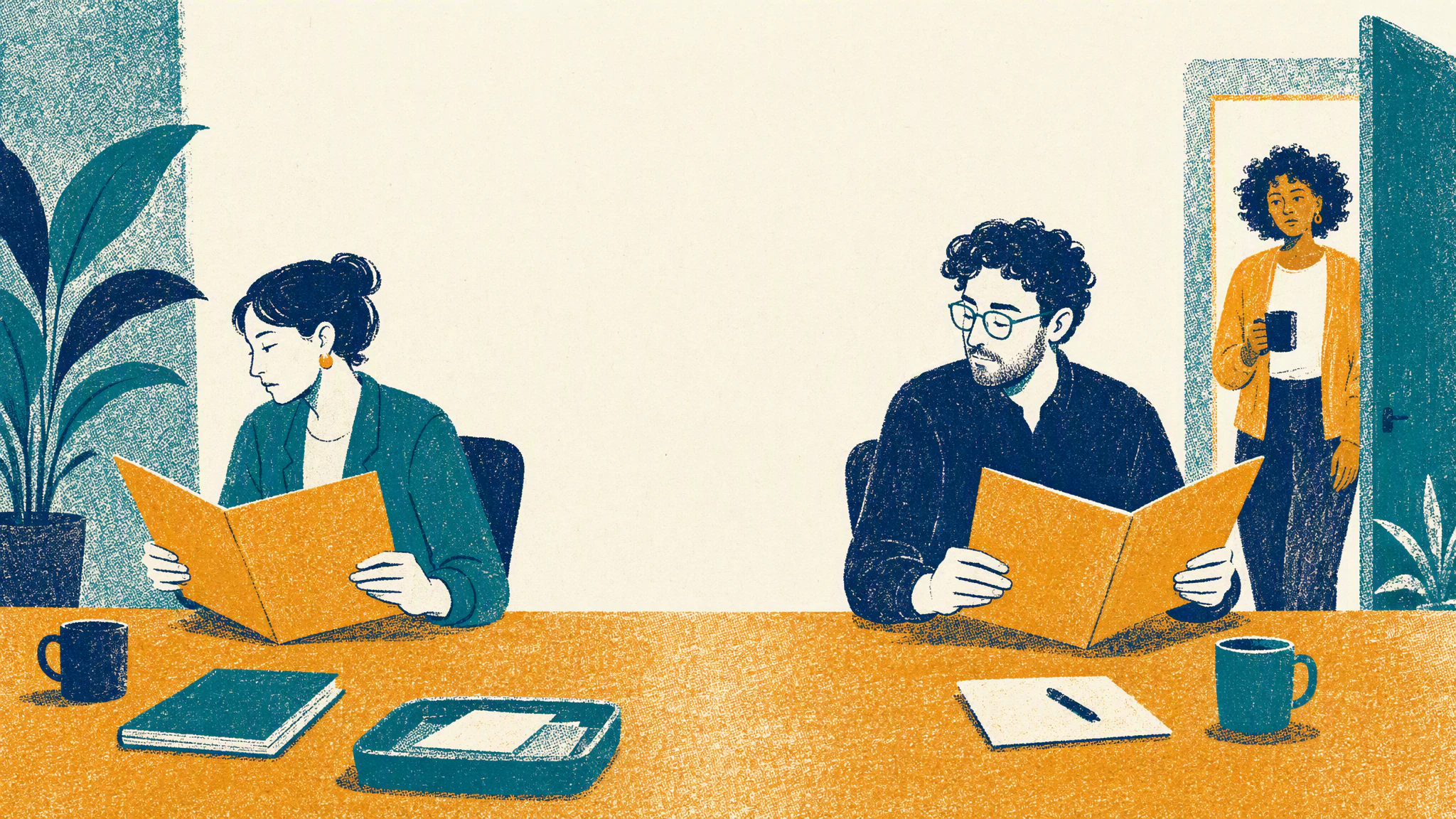 Two colleagues at a meeting table each hold a paper folder while a third person waits in the doorway with a coffee cup.