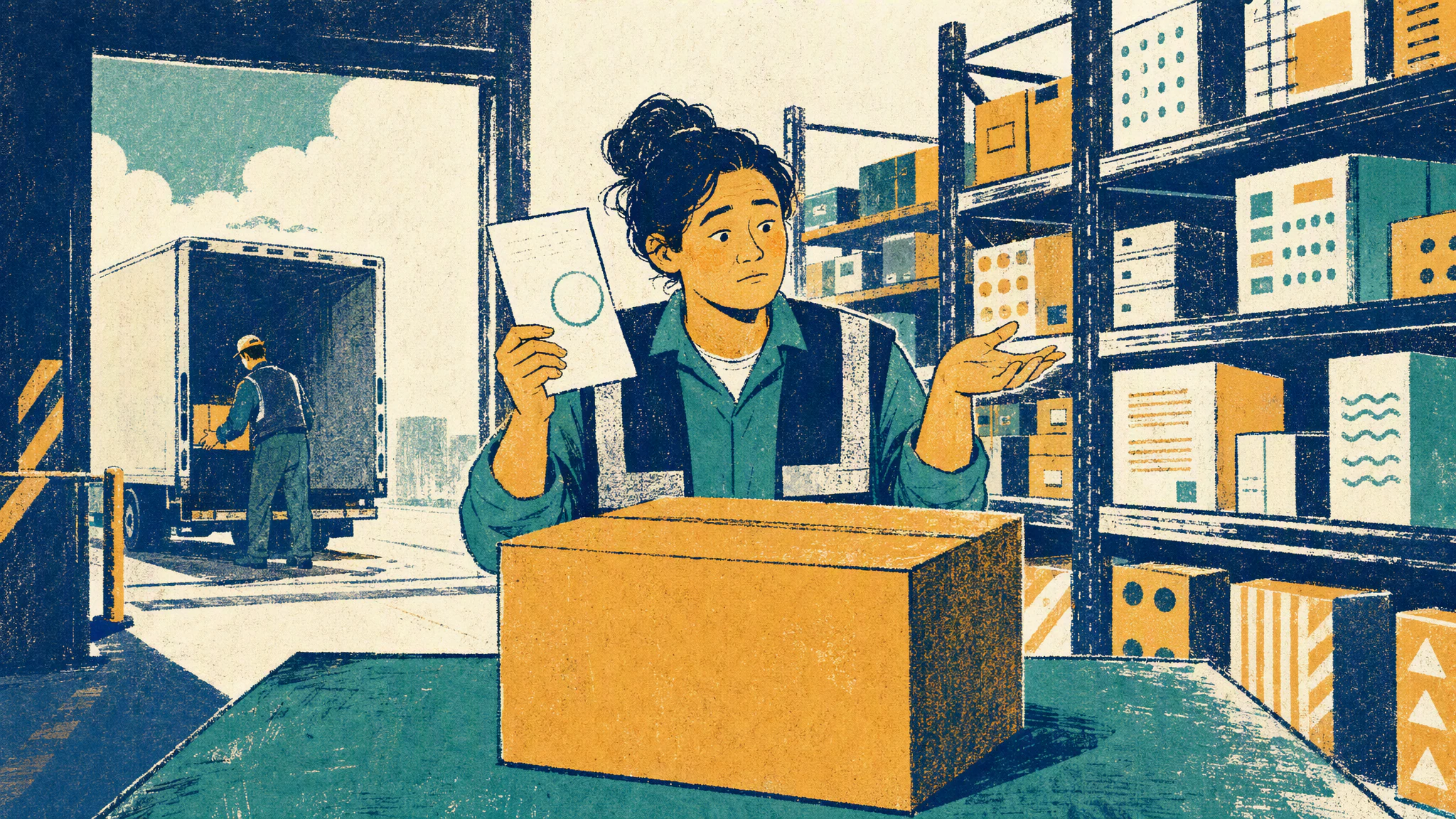 A service desk worker holds a blank delivery slip in front of a wall of unlabelled filing drawers, one drawer pulled open and empty.