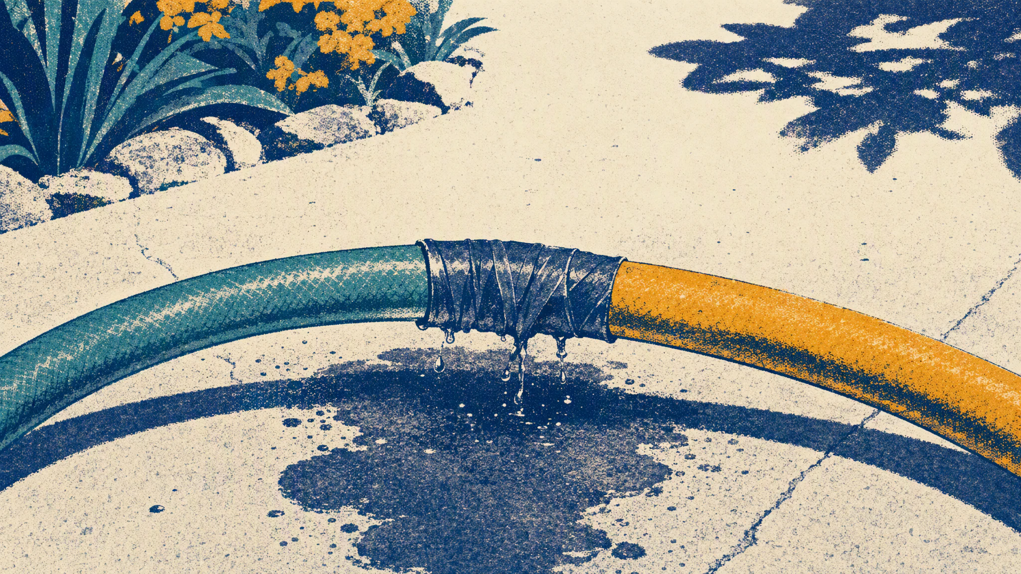 Two different colored garden hoses joined together with tape, leaking a small stream of water onto concrete.