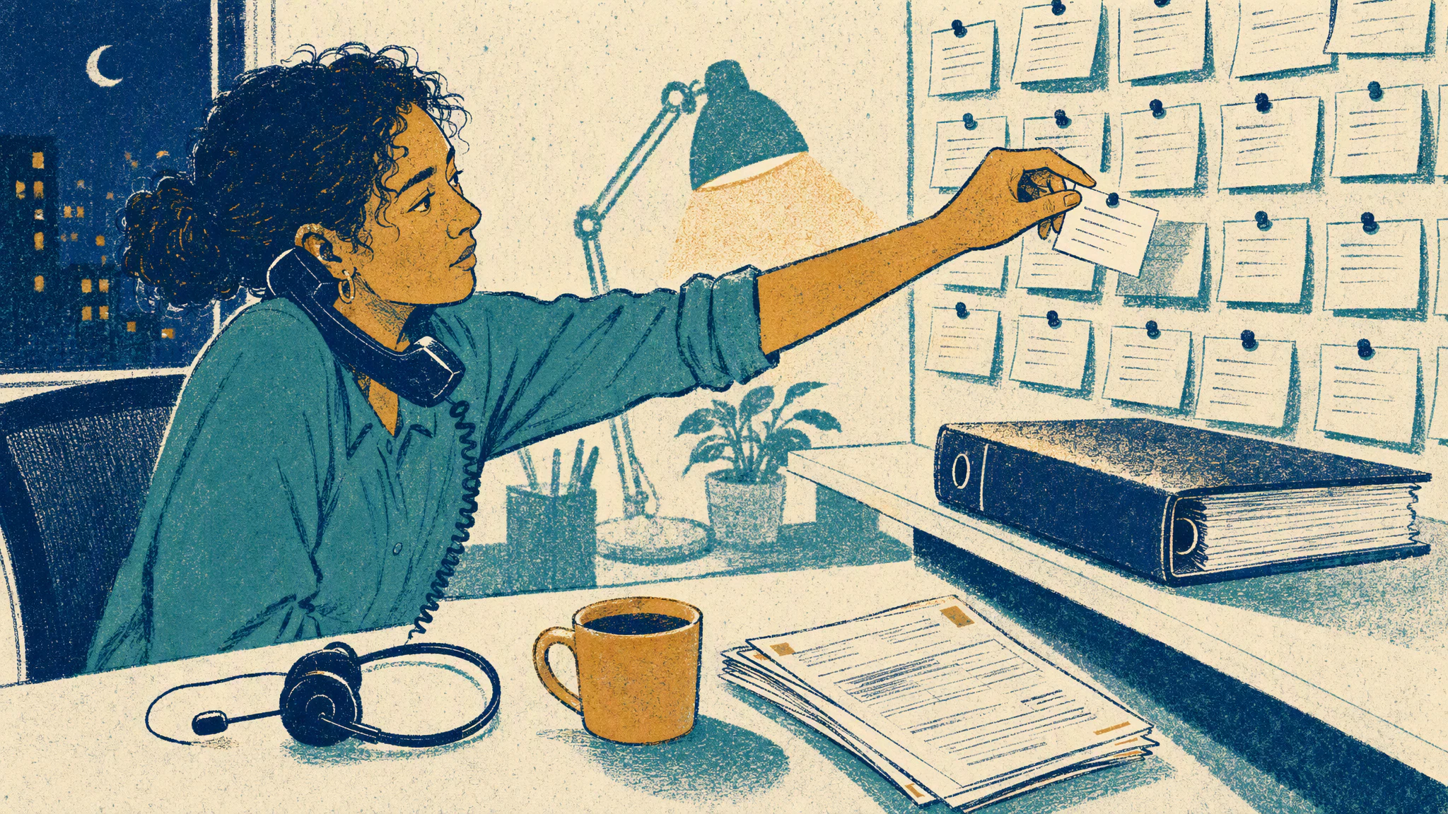 A night-shift service desk analyst on the phone reaches for a single card pinned to the wall beside a thick closed binder.