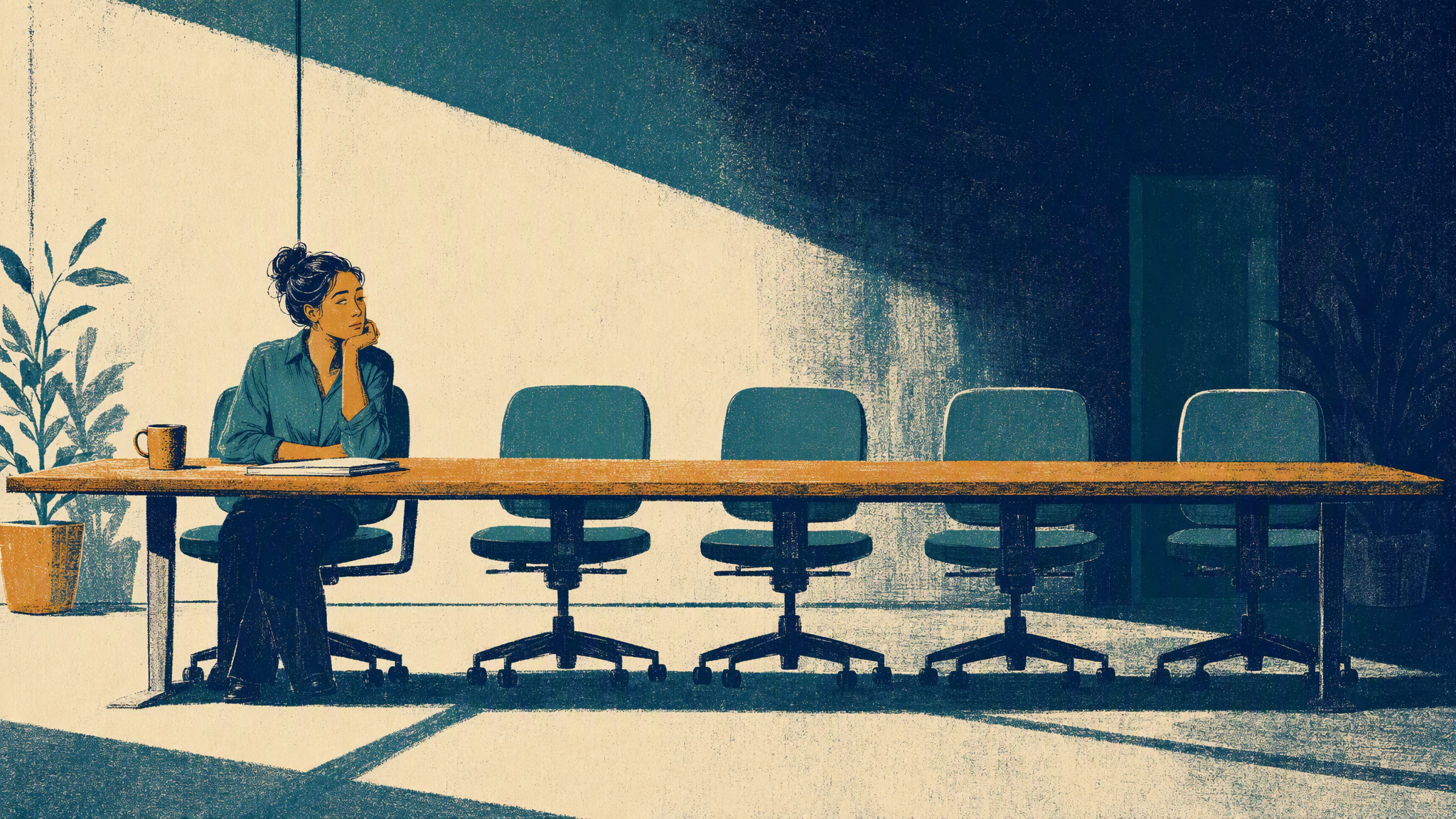A single engineer sits at a long desk in a half-empty office, with four empty chairs beside her and a cold mug of coffee.