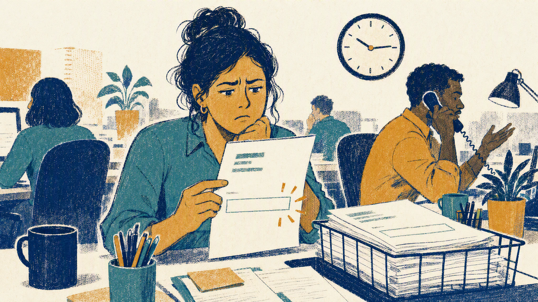 A support analyst at a busy desk holds a paper escalation form up close, one line on the form left empty.