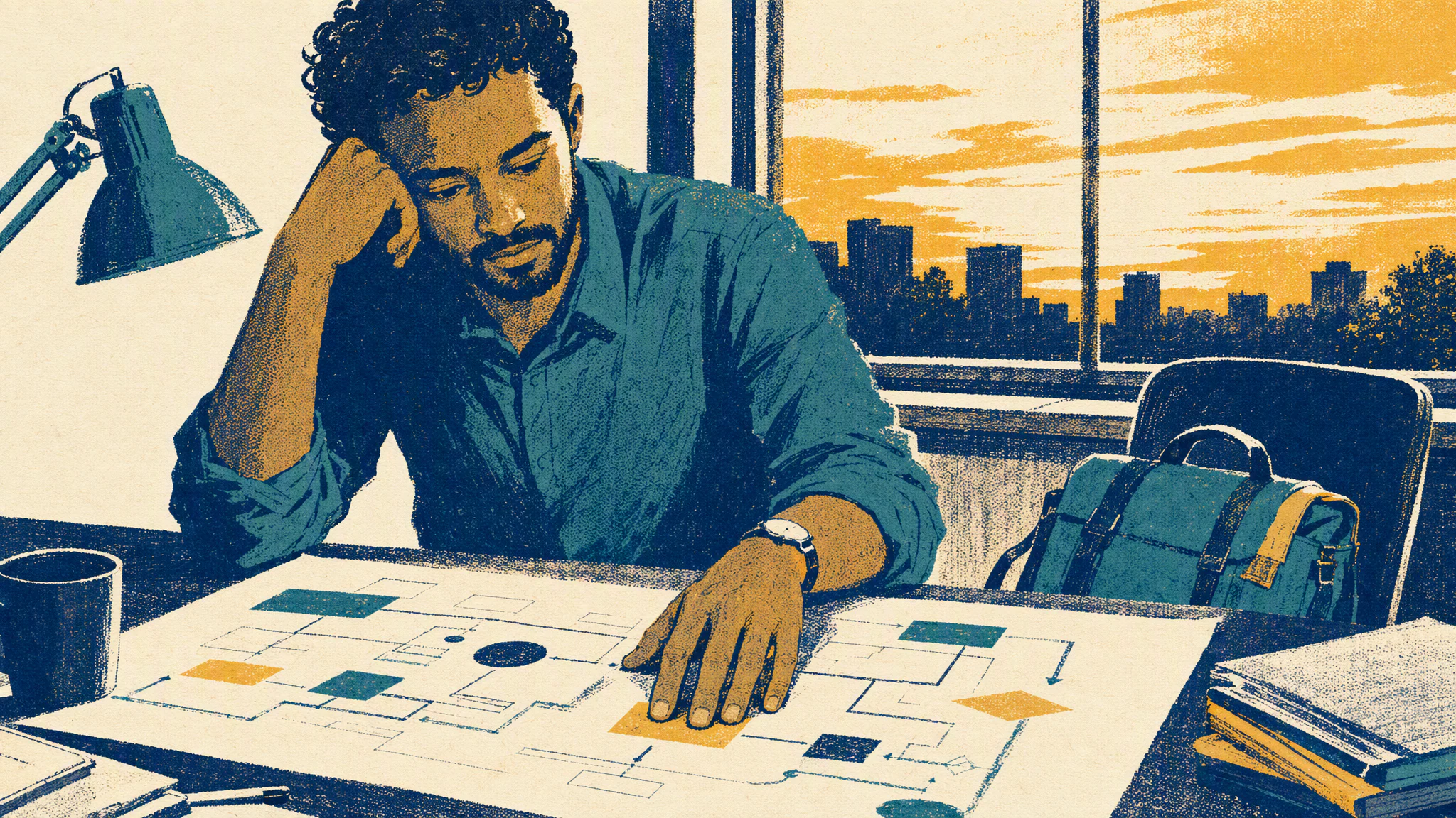 A consultant sits at a desk reviewing printed process diagrams beside two monitors in a quiet office at dusk.