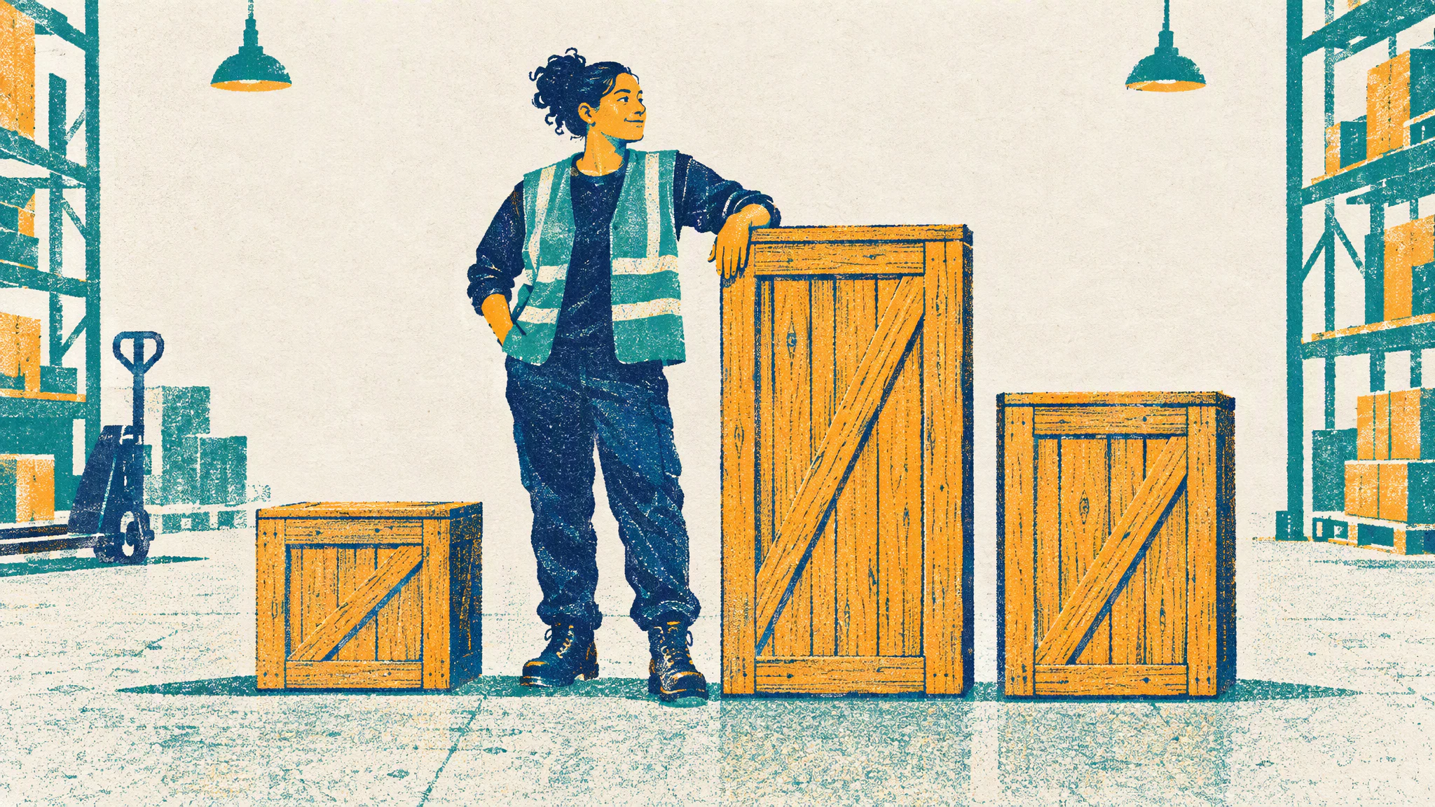 A warehouse worker rests one hand on the tallest of three wooden crates of different sizes lined up on a concrete floor.
