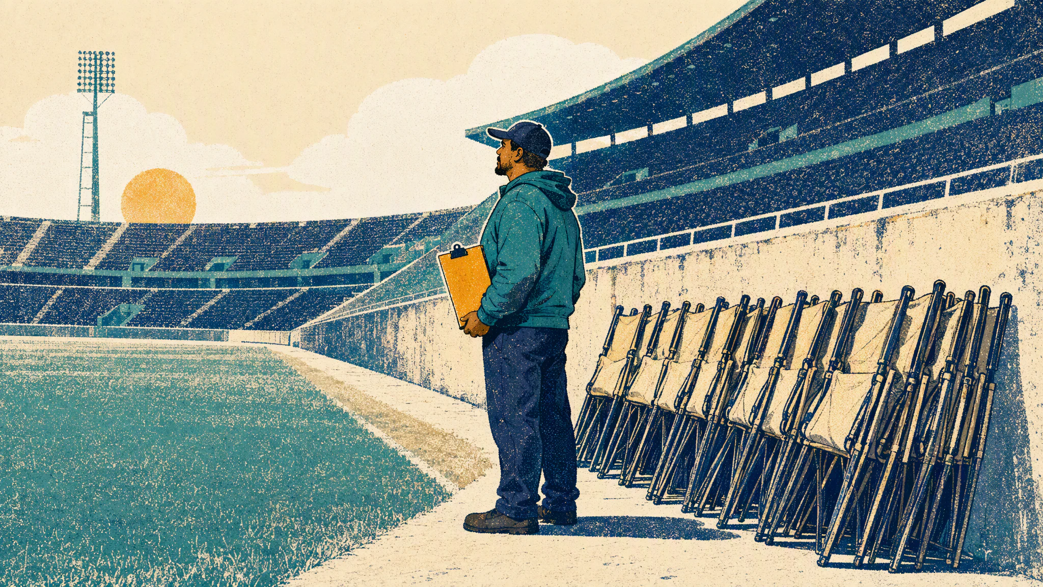 A steward checks a supporter's paper ticket at a stadium turnstile on a grey afternoon.