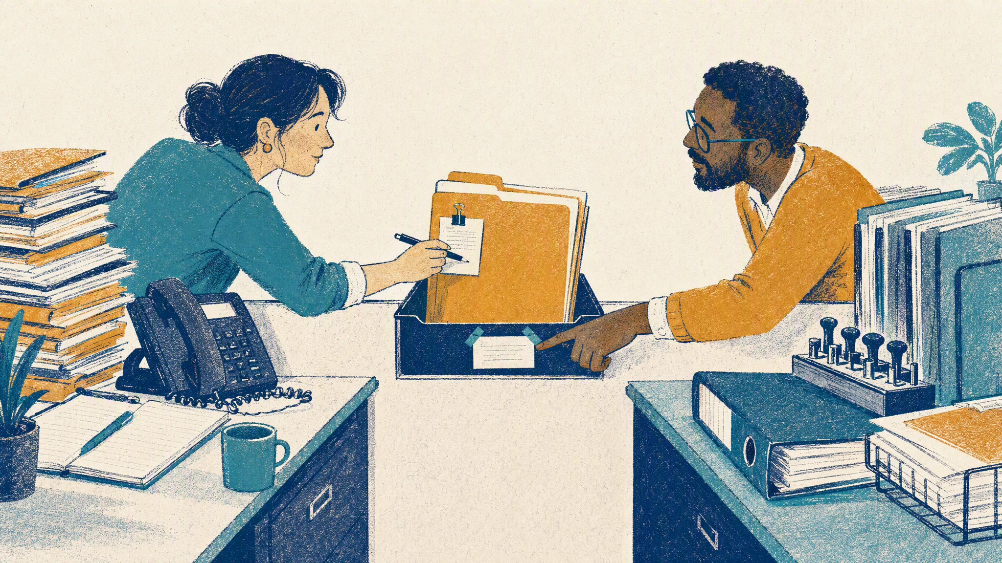 Two clerks at facing desks separated by a low partition reach for one customer folder resting in a shared tray between them.