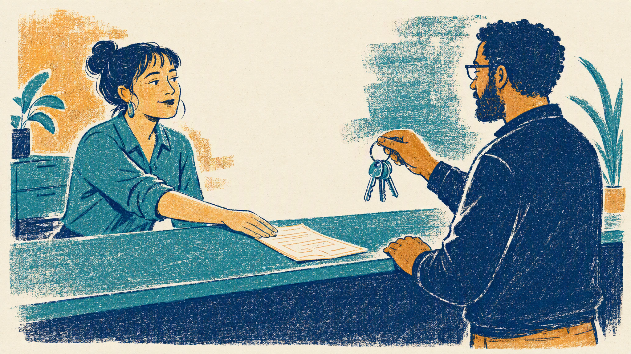 A service desk worker slides a single paper work order across a counter to a colleague holding a ring of keys.