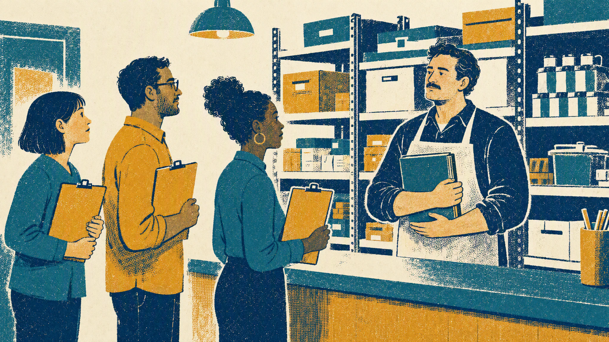 A storeroom clerk holds one closed ledger while three colleagues wait at the counter with empty clipboards.