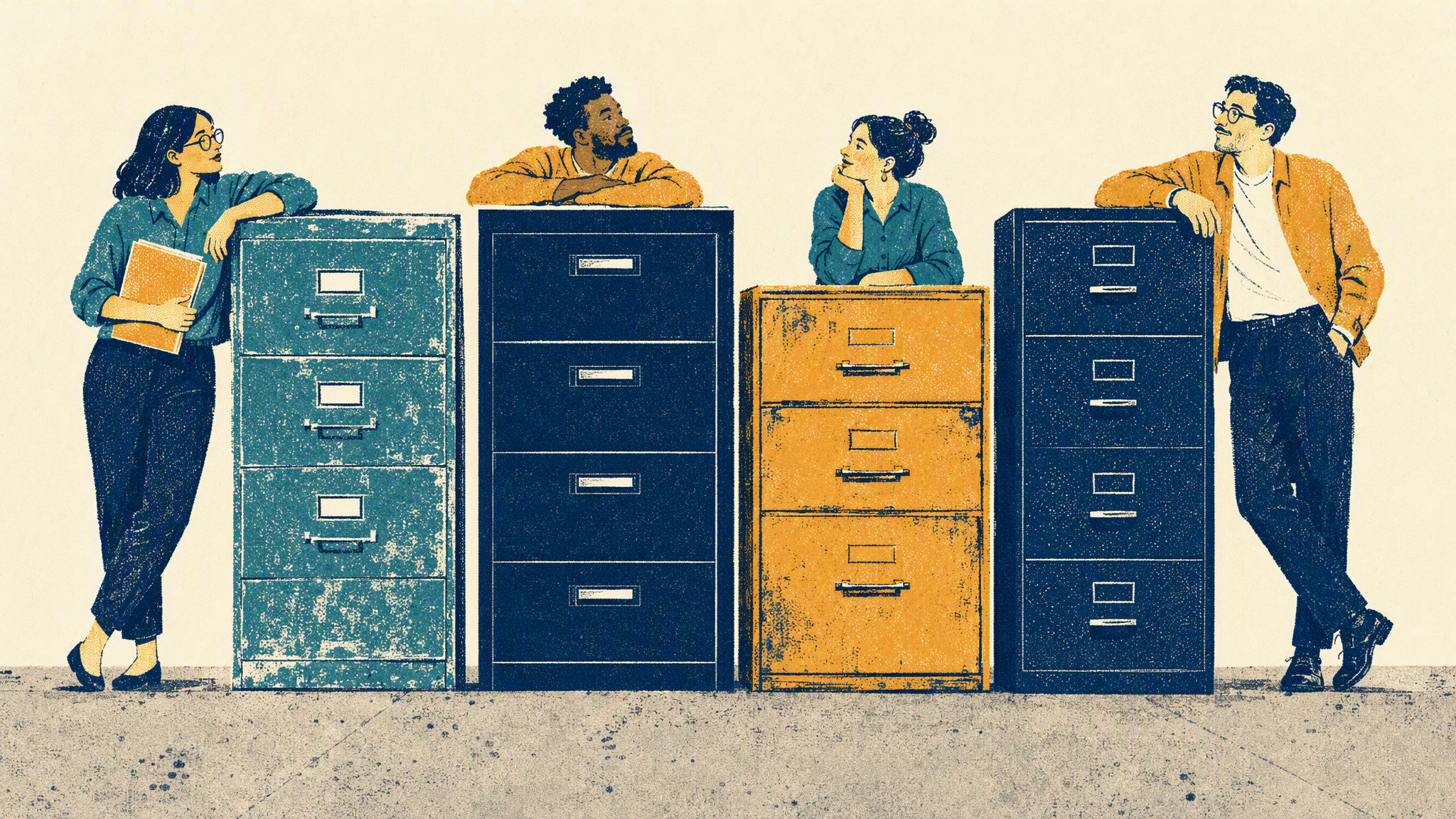 Four filing cabinets of different makes stand in a row on one poured concrete floor in an empty office.