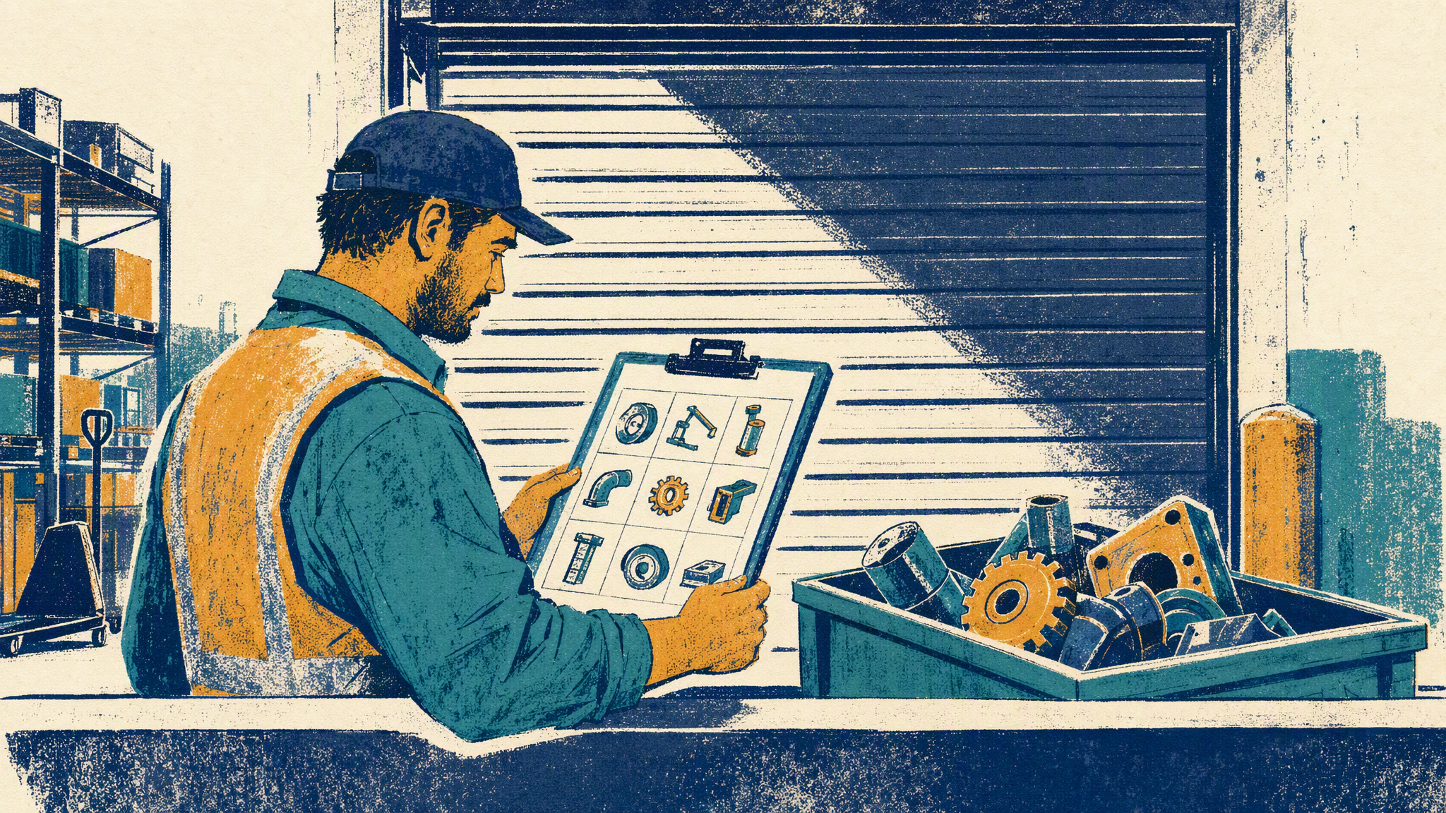 A warehouse supervisor stands at a counter beside a closed loading bay door, holding a clipboard of returned parts.