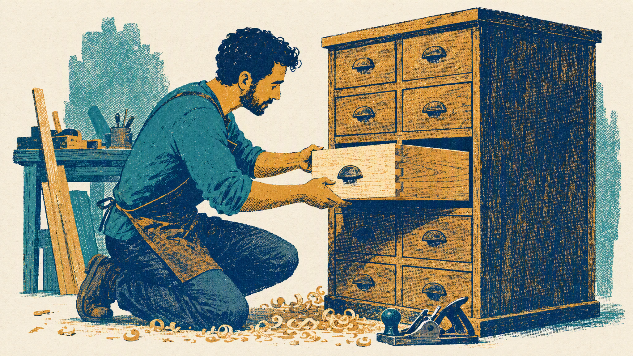 A carpenter kneels beside an old wooden filing cabinet, fitting a newly made drawer into the empty slot.