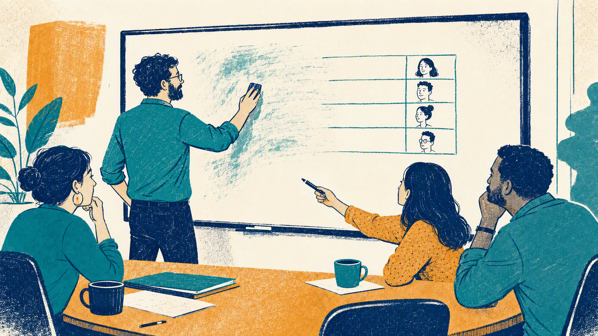 A manager at a whiteboard wipes away most rows of a handwritten table while three colleagues wait at the meeting room table.