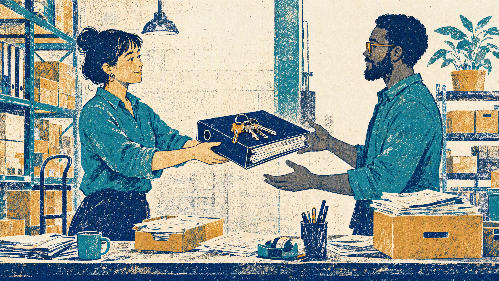 Two colleagues stand at a cluttered workbench in a warehouse office while one hands a thick ring binder and a bunch of keys to the other.