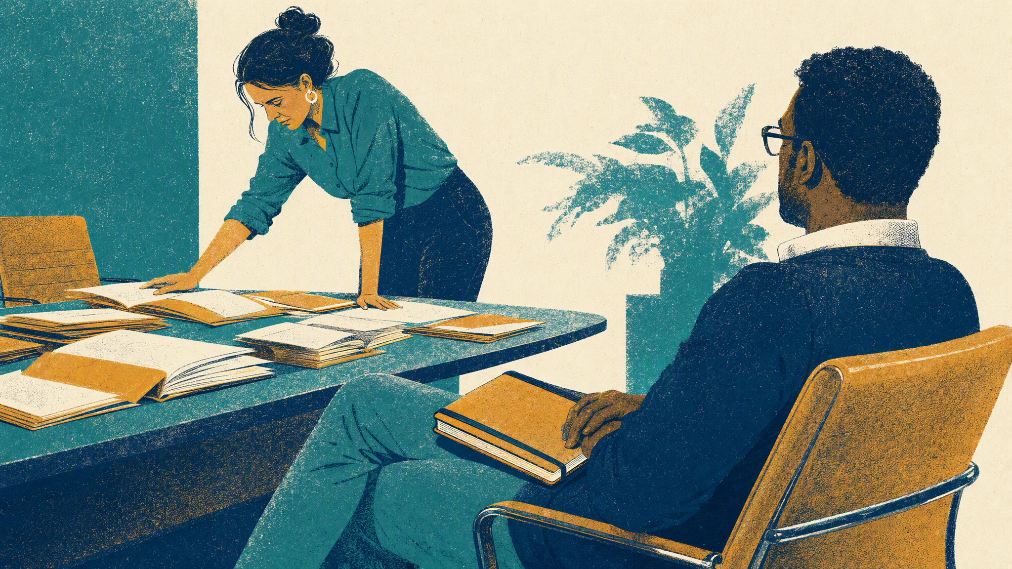 A woman in a meeting room leans over a table of paper folders while a visitor waits with a closed notebook on his lap.