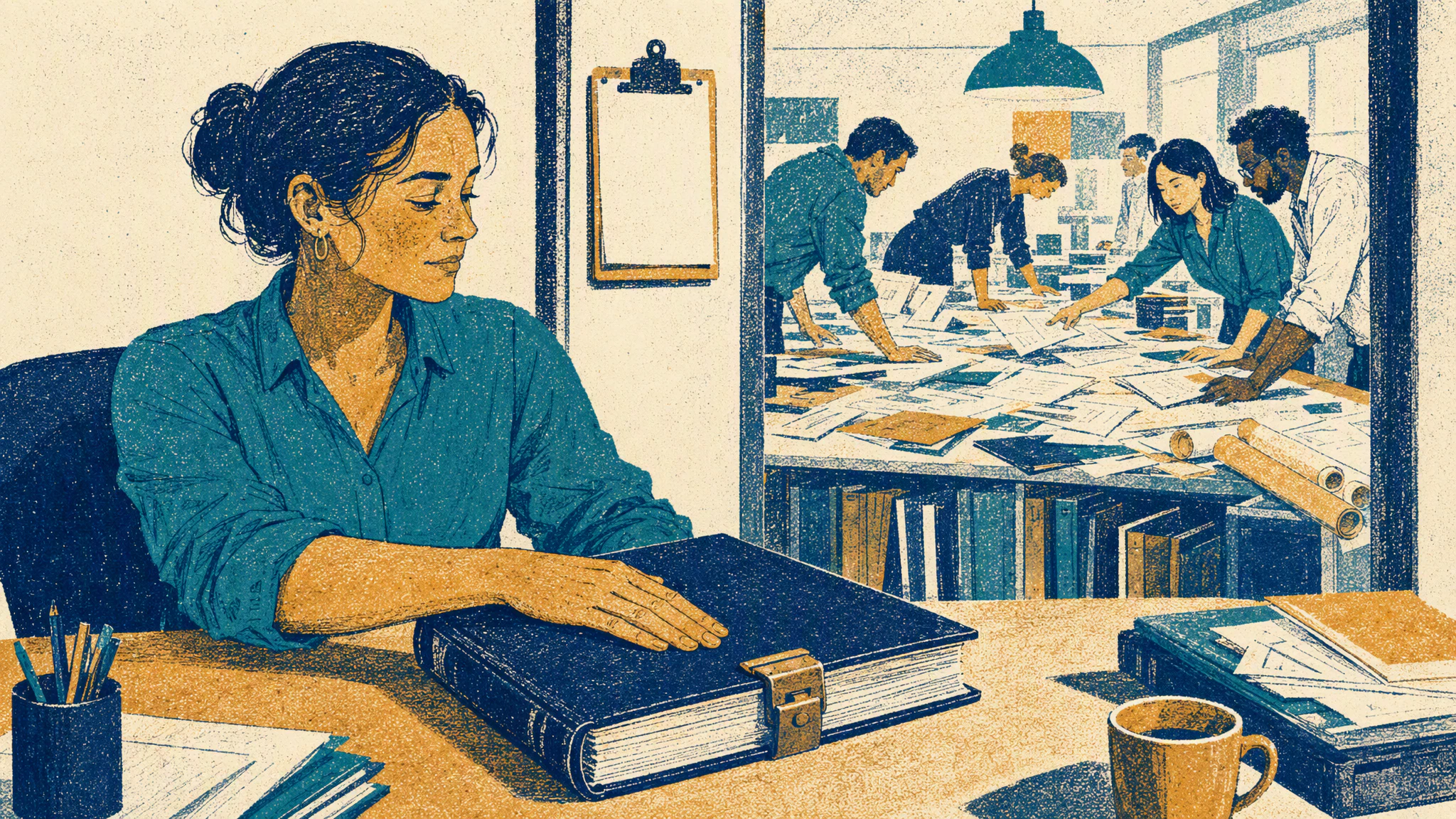 A controller closes a heavy bound ledger at a small desk while analysts behind her spread loose printouts across a long table.