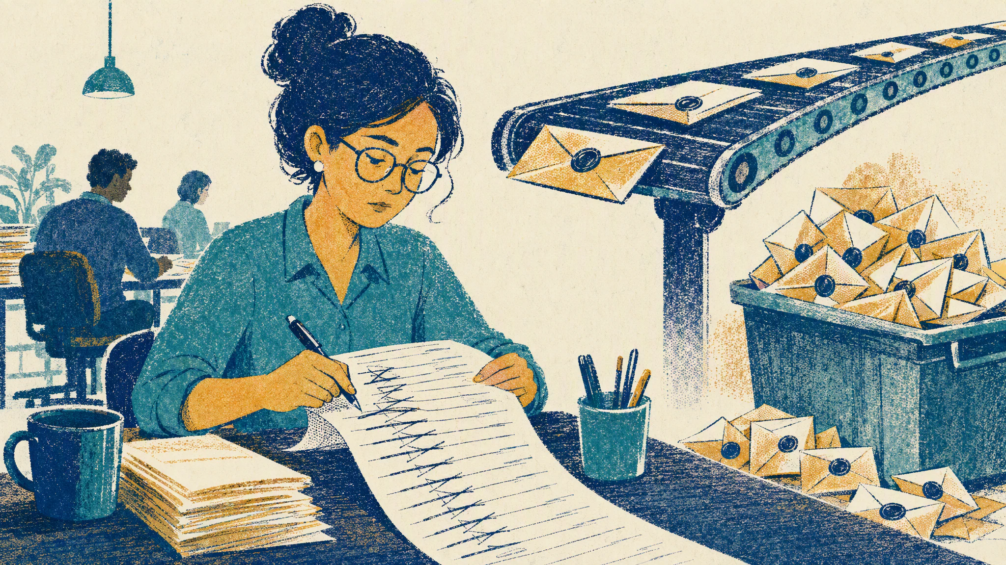 A procurement clerk at a desk correcting a long paper list of orders by hand while a conveyor of sealed envelopes rolls past behind her.