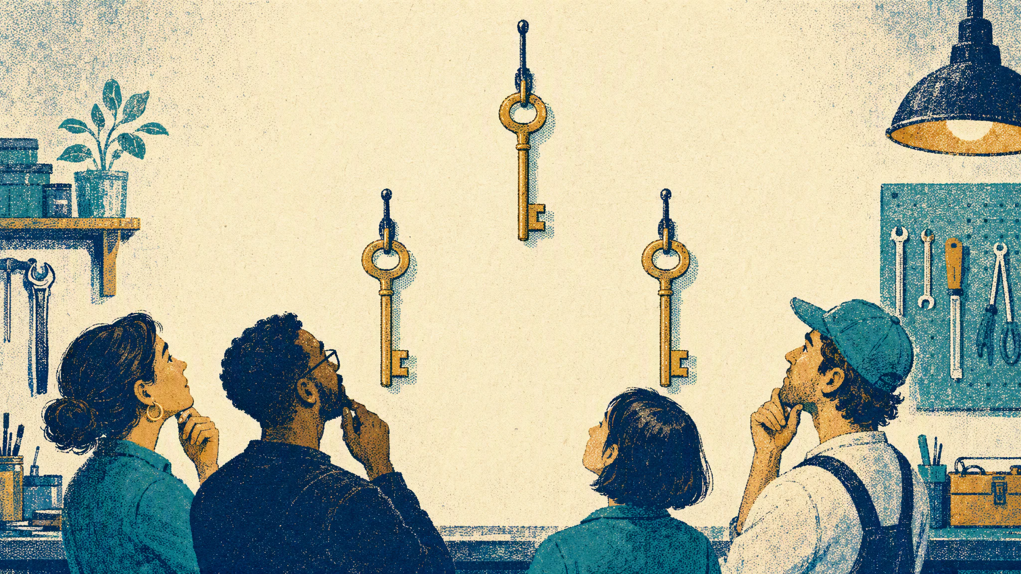 Three identical brass keys hang on separate hooks along a workshop wall, with one hook fixed higher than the rest.
