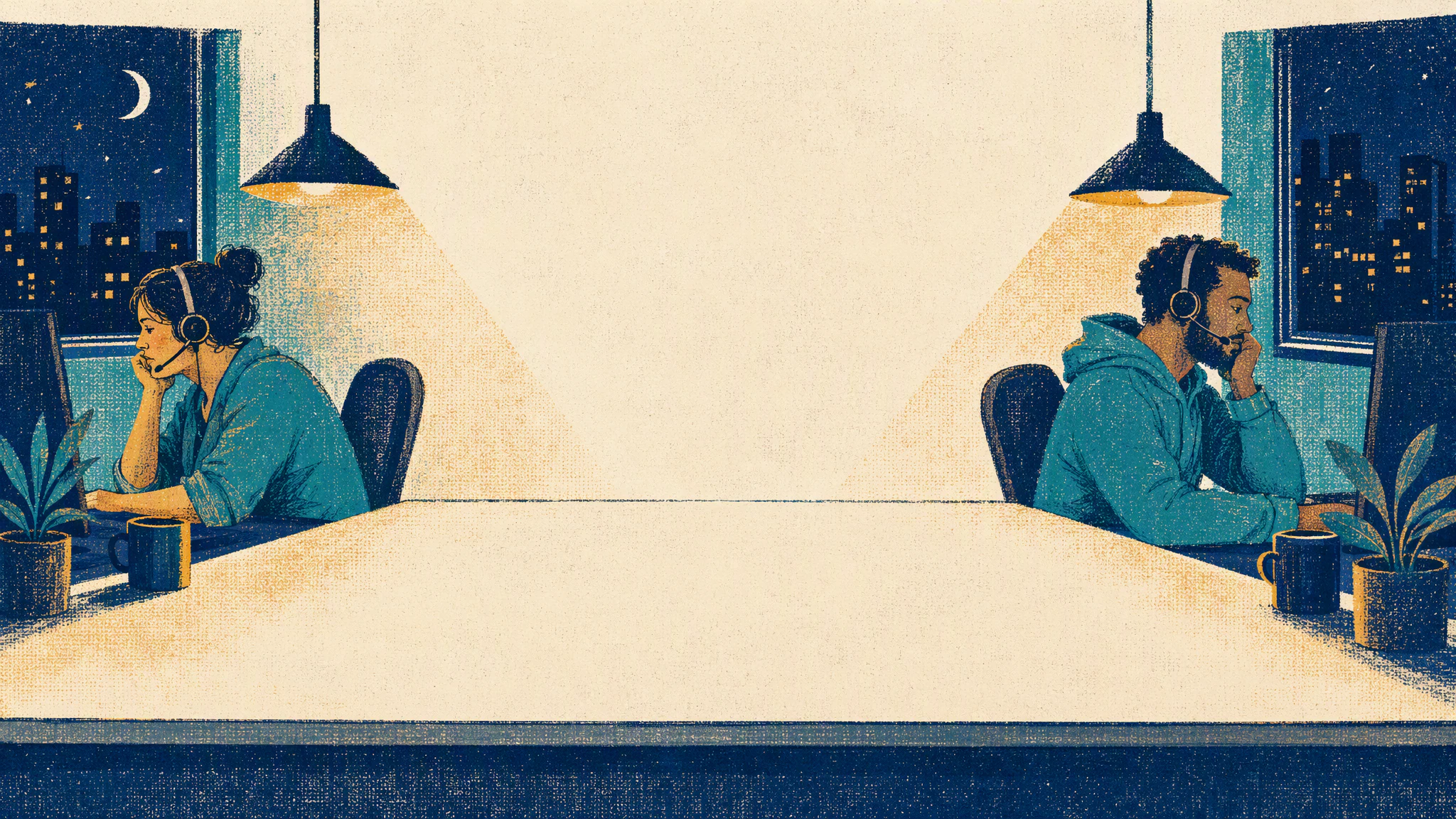 A night shift support desk where two people wearing headsets sit at opposite ends of a long table.