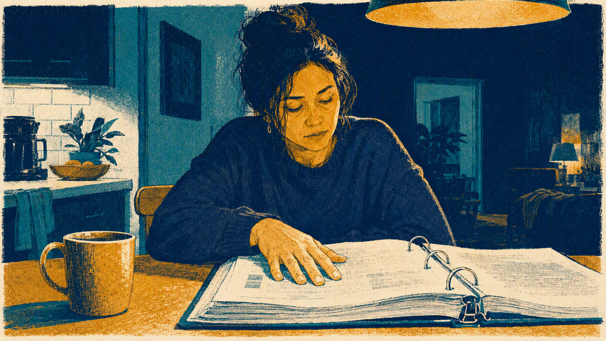 A woman sits at a kitchen table late in the evening with a coffee mug and a thick printed study binder open in front of her.