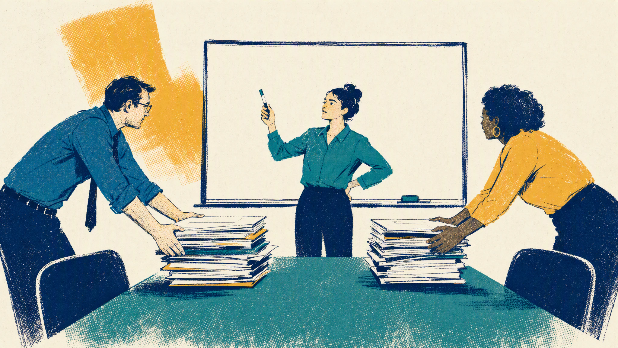 A finance controller holds the only marker at a whiteboard while two colleagues push stacks of paper across the meeting table.