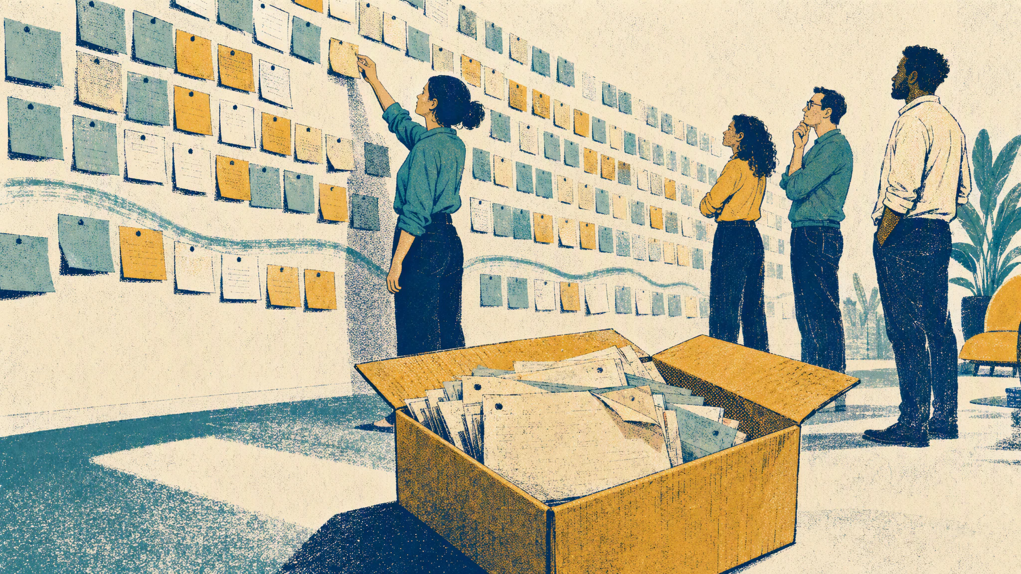 A program lead lifts a faded card from a crowded wall of pinned project cards and drops it into an open box at her feet.