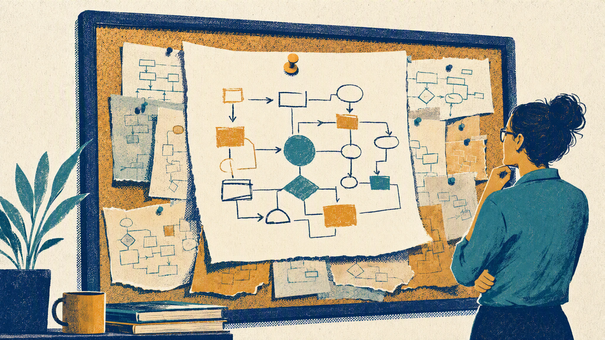 A corkboard covered in hand-drawn flowcharts pinned one over another, torn edges of older diagrams visible beneath the newest sheet.