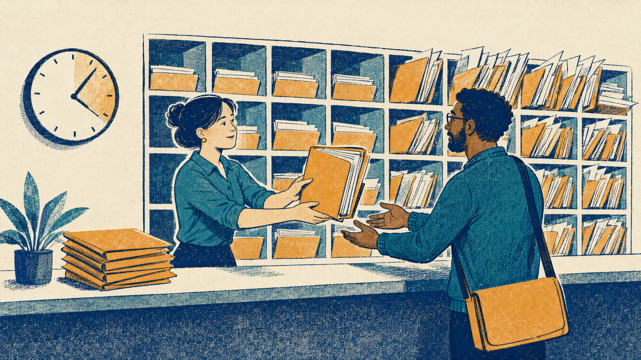 A dispatcher at a wall of open case folders lifts one from a crowded shelf and hands it to a waiting colleague.