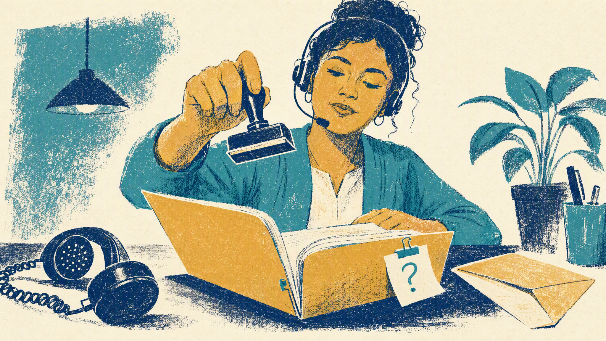 A service desk worker holds a rubber stamp over an open case folder while a phone handset, a note, and an envelope wait beside it.